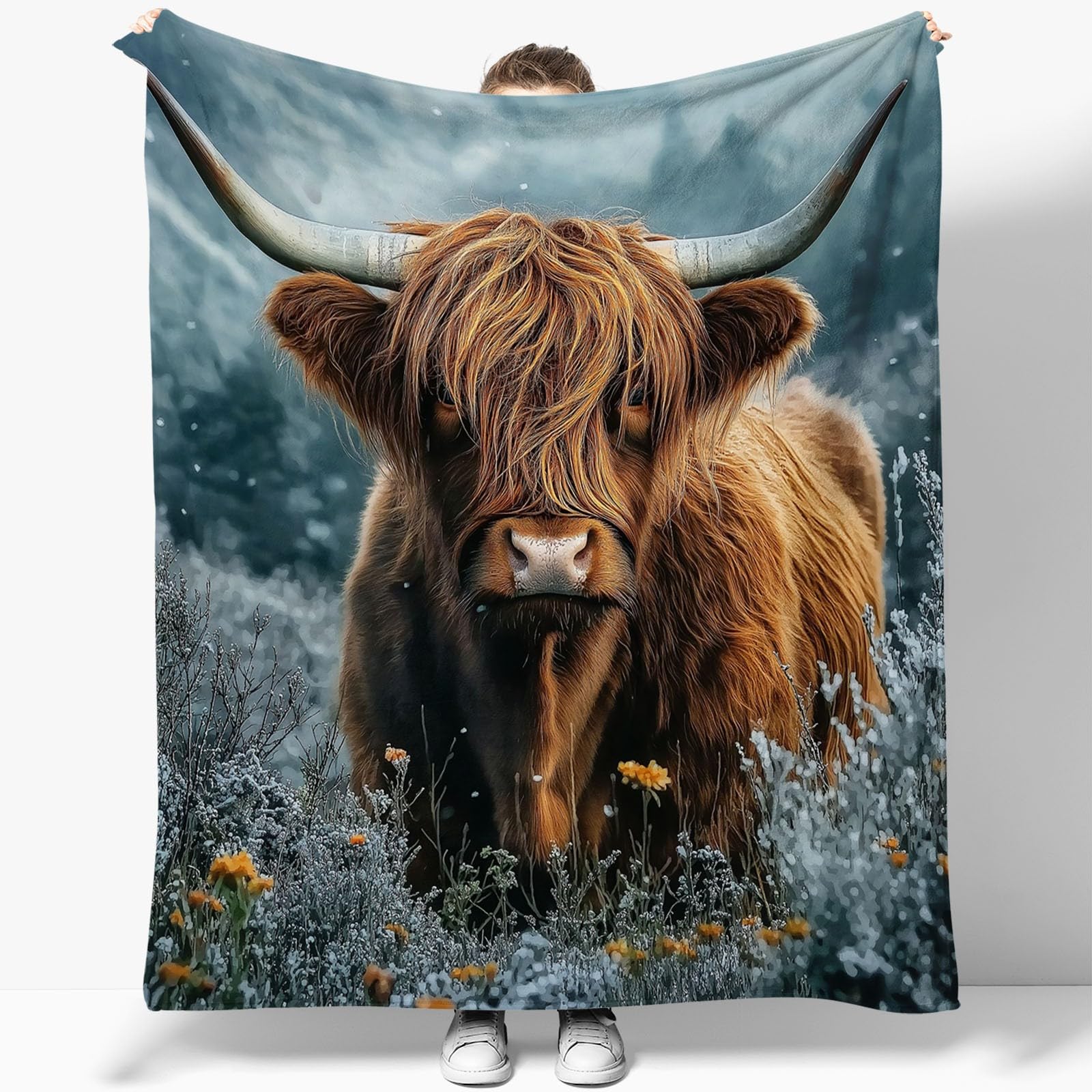 Manta Franela para Cama Manta para Sofá Suaves 100% Microfibra Grande Broncearse Flannel Blanket Animales Ganado de Las Tierras Altas Flores Manta Invierno Calentitas 220 x 240 cm