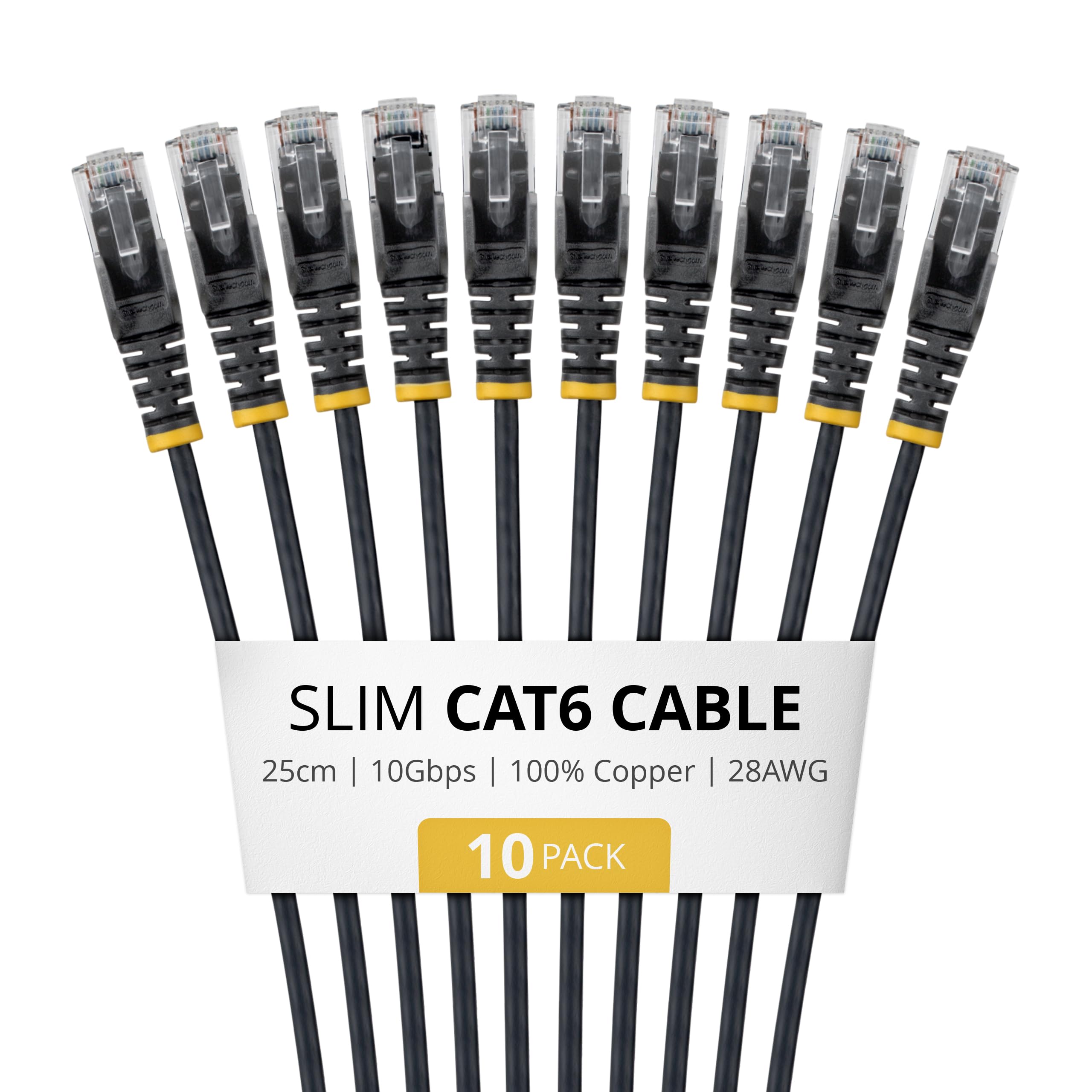 StarTech Cavo Ethernet CAT6 Slim da 25 cm Nero, Confezione da 10, Snagless RJ45 LSZH, Cavo Patch di Rete Sottile 28AWG in Rame Puro