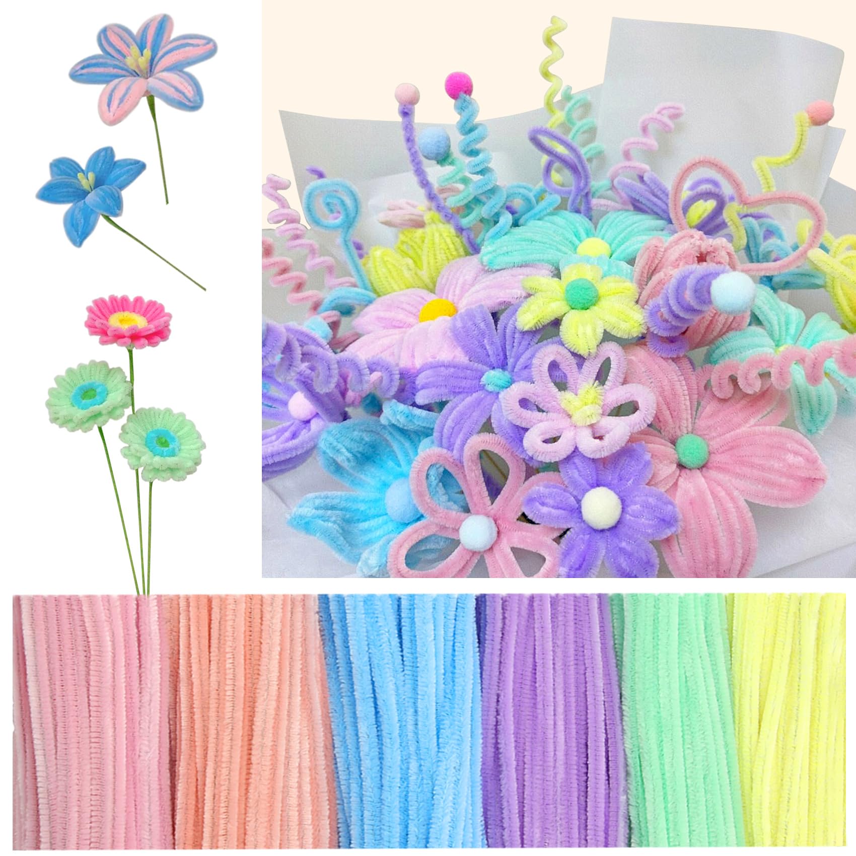 Micvtve 600 Pcs Pipe Cleaners Craft for Flowers, Pastel Chenille Stems for DIY Art Projects Gift(6 Colors), Bulk Fuzzy Pipe Cleaner Flower Kit, Ideals for Party Decor (Macarons)