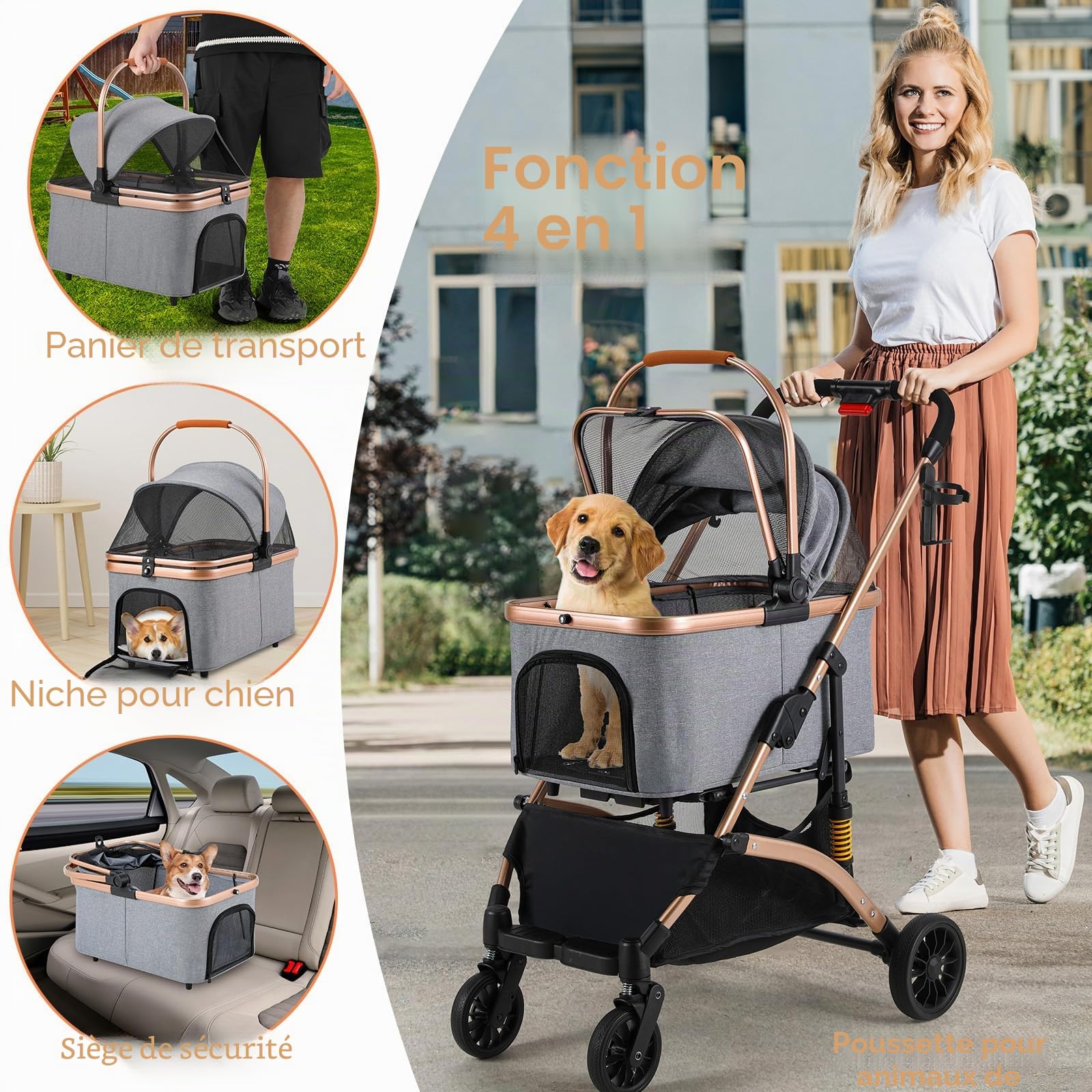MAMIZO Poussette Chien 3-en-1, Poussette pour Chat Pliable, Panier de Rangement, Fenêtre en Filet, pour Petits Chiens et Chats, Jusqu'à 20 kg, 4 PCS Roues Résistant à l'Usure à 360°, Gris Foncé