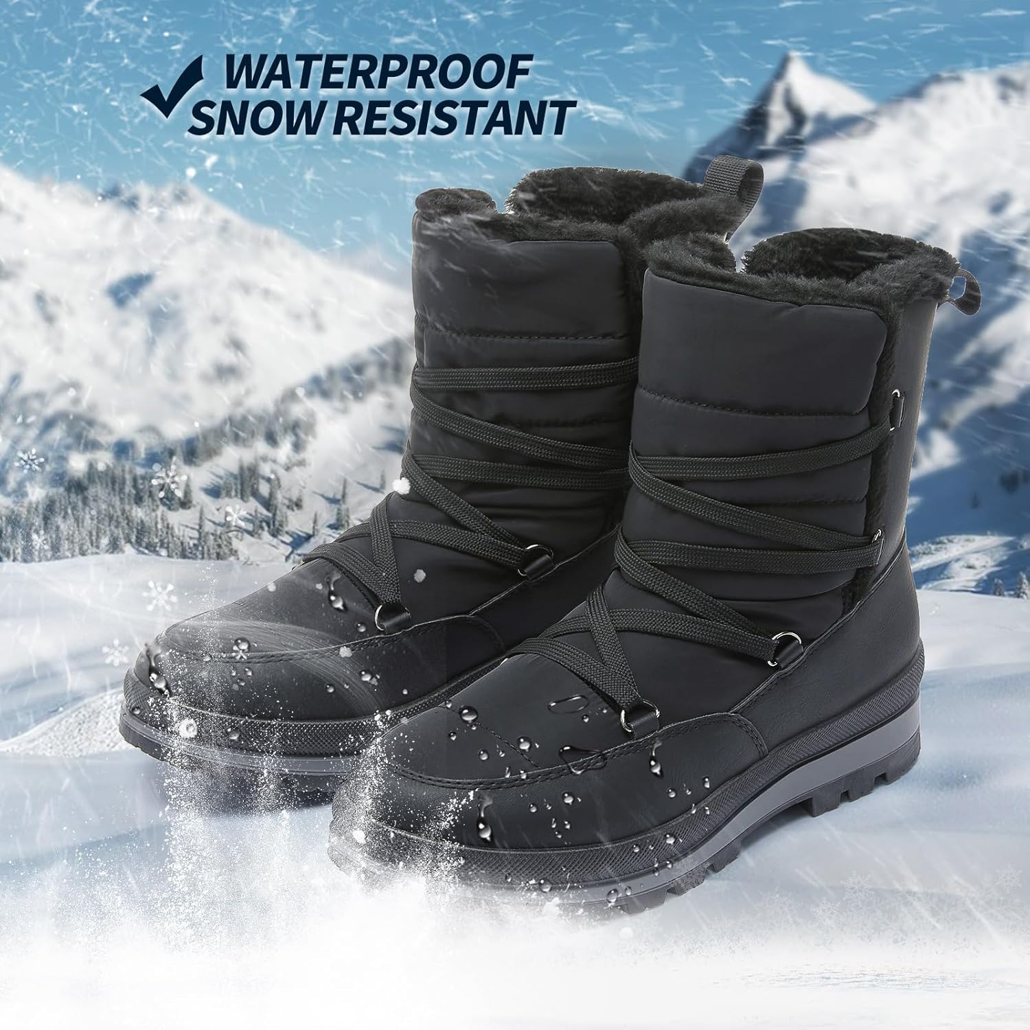 Rominz Women's Winter Snow Boots - Waterproof Black Fur Lined Warm Mid Calf Non-Slip Ankle Boots - White Lace-Up Platform - Image 5