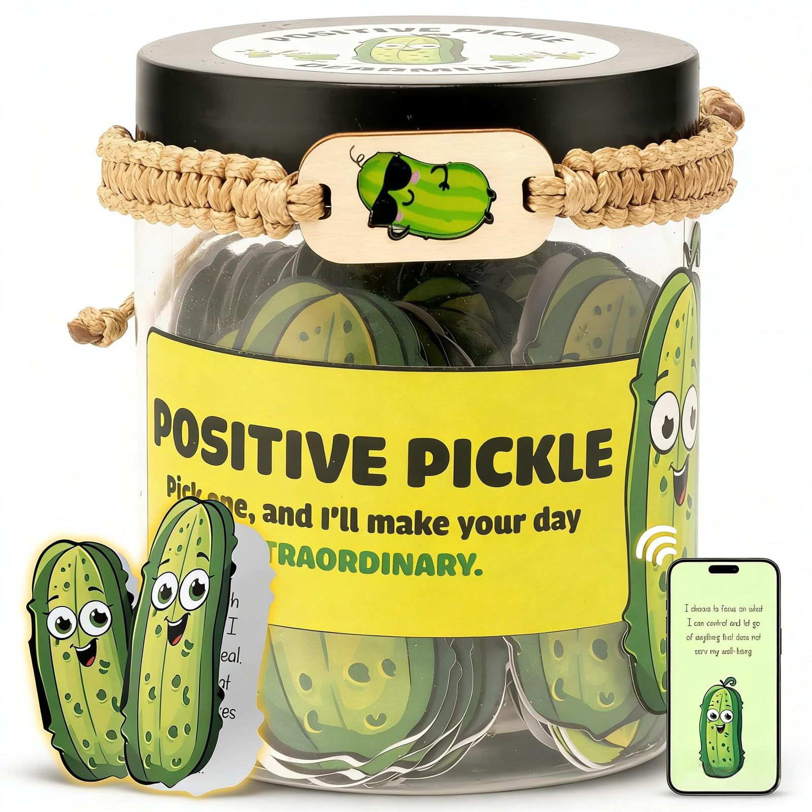 60 Pcs Positive Pickle Jar with Daily Affirmation Cards and NFC Wristband