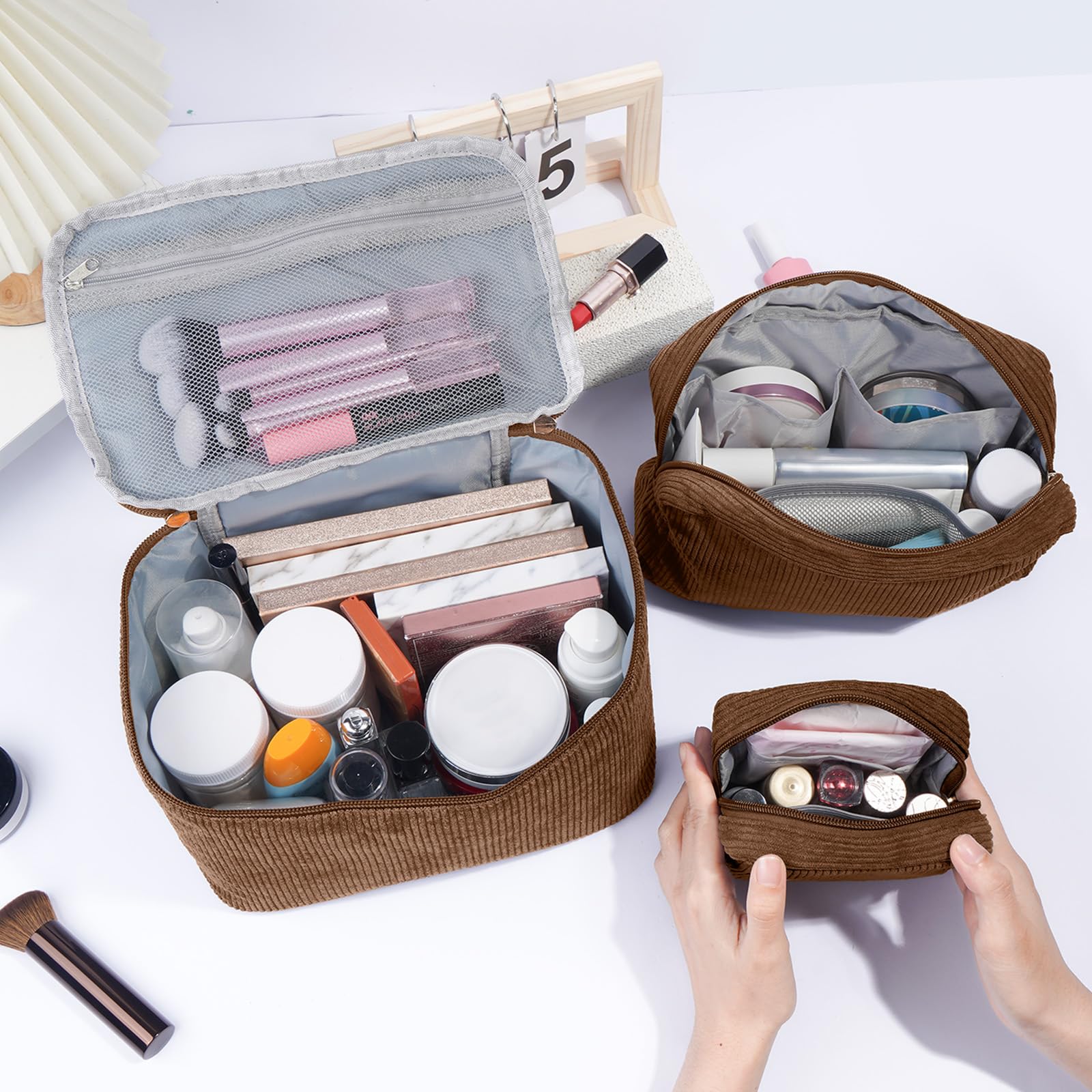 MAGEFY 3 Pcs Corduroy Makeup Bag Set including Dividers, Large Capacity Travel Cosmetic Organizer - Image 4