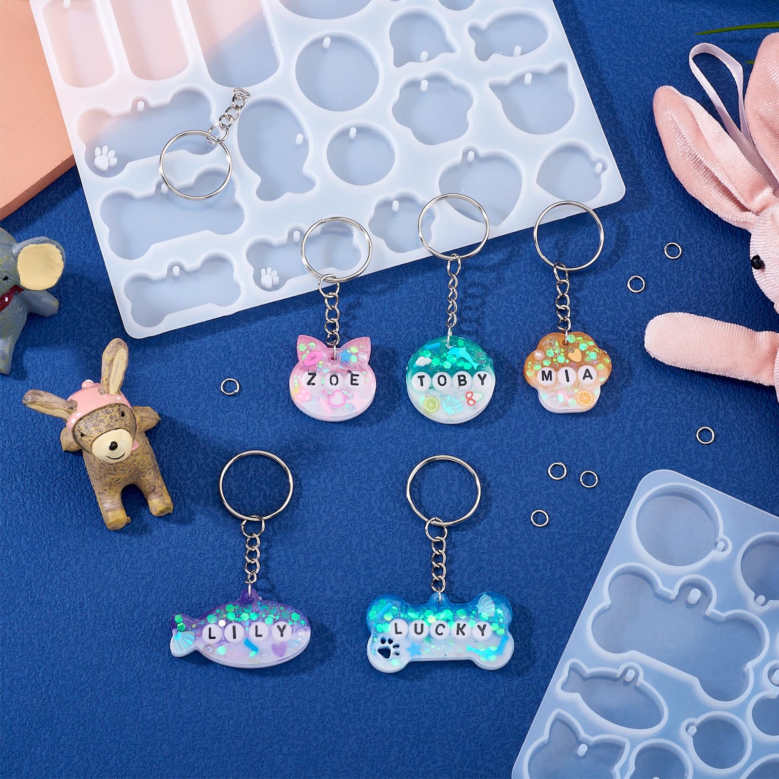 PandaHall 2pcs Cat Silicone Molds with Split Key Rings Jump Rings Bone Fish Heart Resin Moulds for Casting UV Epoxy Resin Jewellery Making Keychain Craft - Image 2