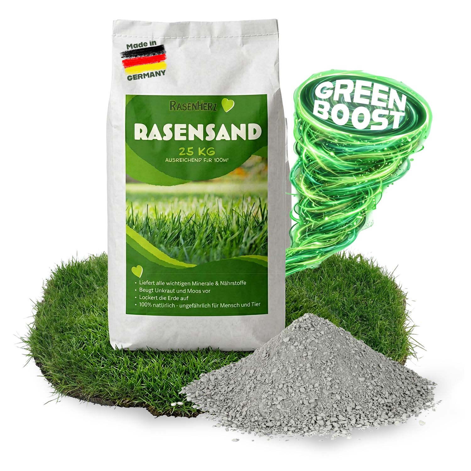 RasenHerz, Sable pour gazon 25 kg pour 100 m² Pour un gazon dense et vert Entretien du gazon, Amendement du sol, Nutriments, Diabas petigi