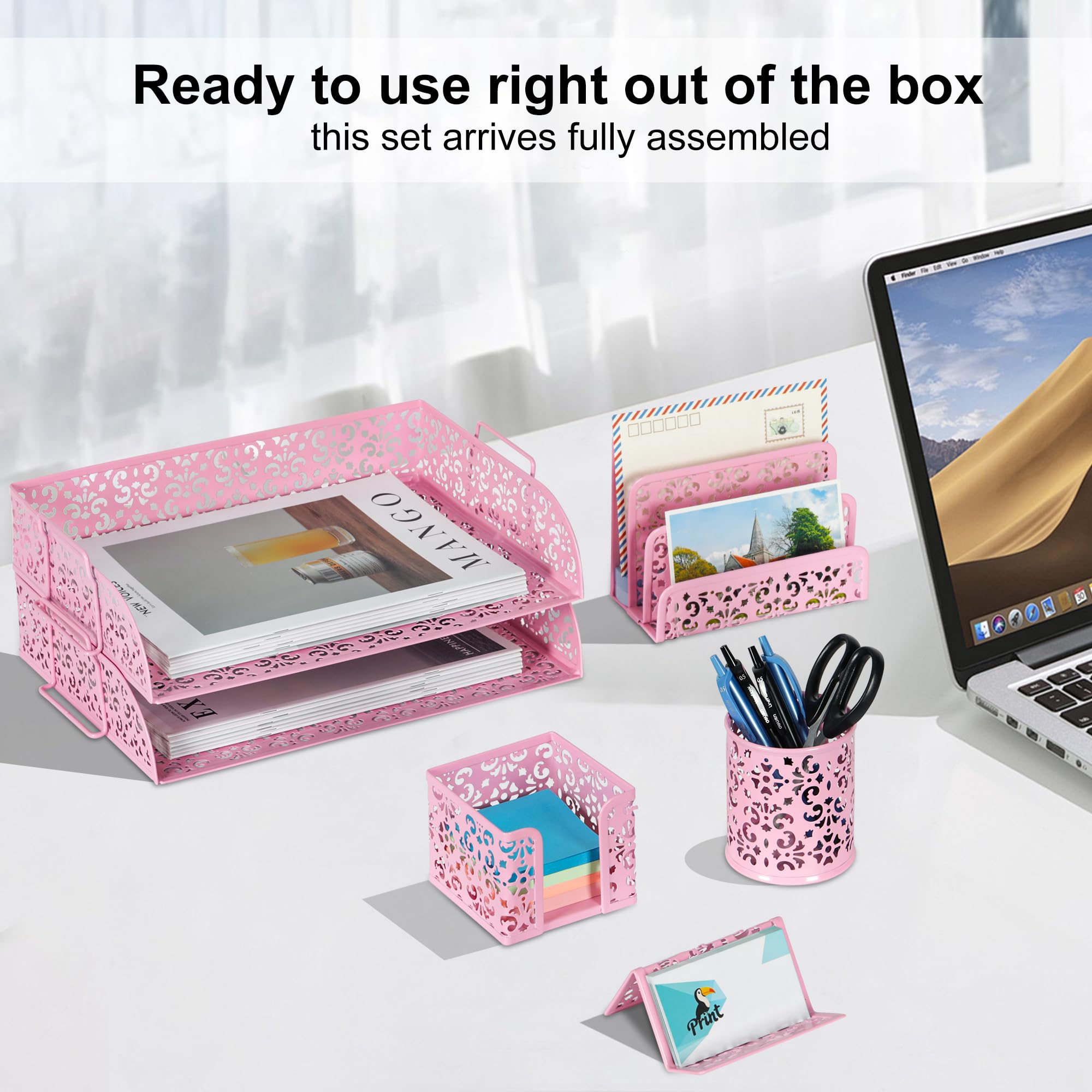 EasyPAG - Organizer da scrivania 5 in 1, 2 ripiani, impilabile, portapenne, porta biglietti da visita e porta banconote Oro rosato