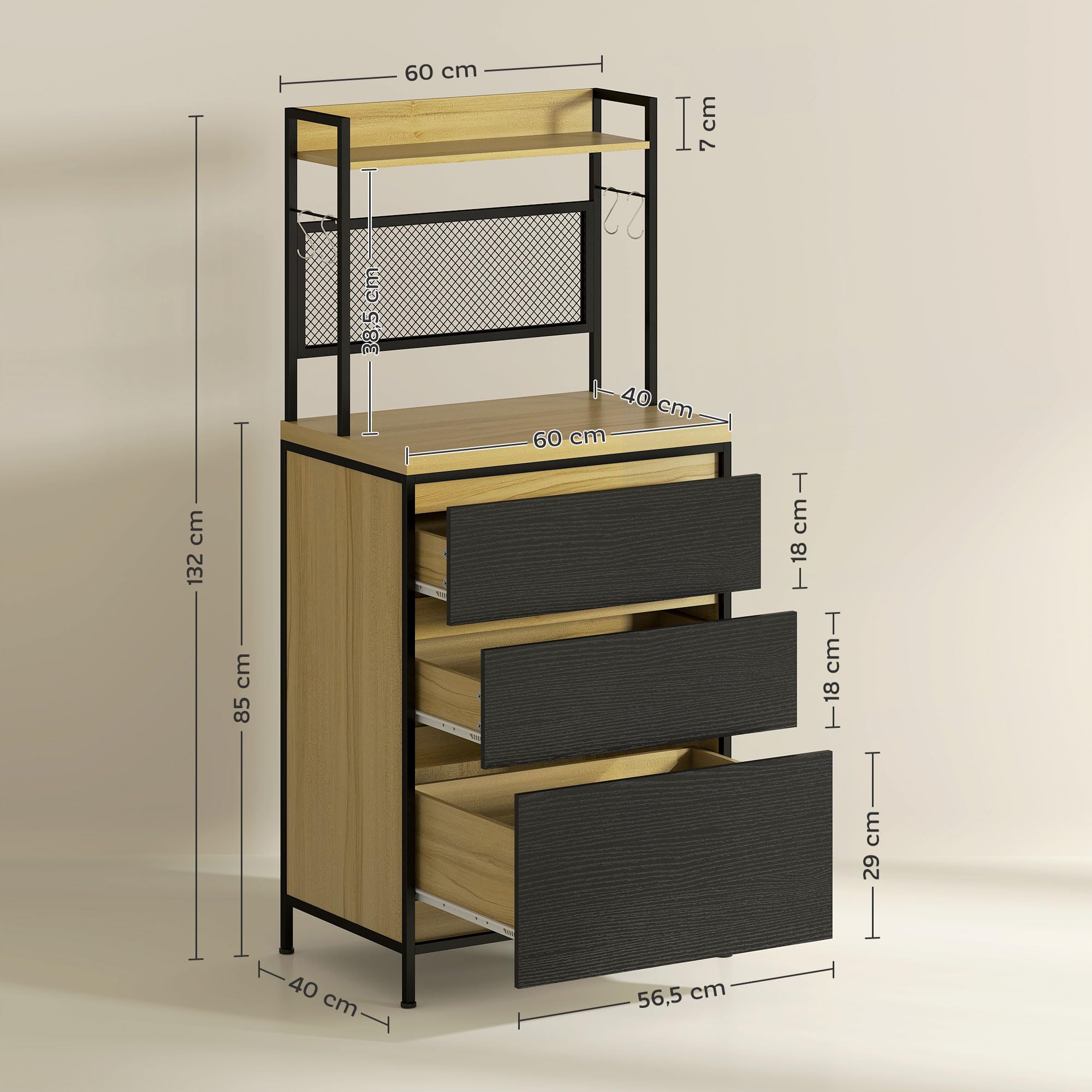 HOMCOM Armoire de Cuisine Buffet Industriel 60x40x132cm Bois Naturel | Meuble de Rangement, 3 Tiroirs, Plan de Travail, Étagère, 4 Crochets, Meuble Micro Onde, Salle à Manger, Salon