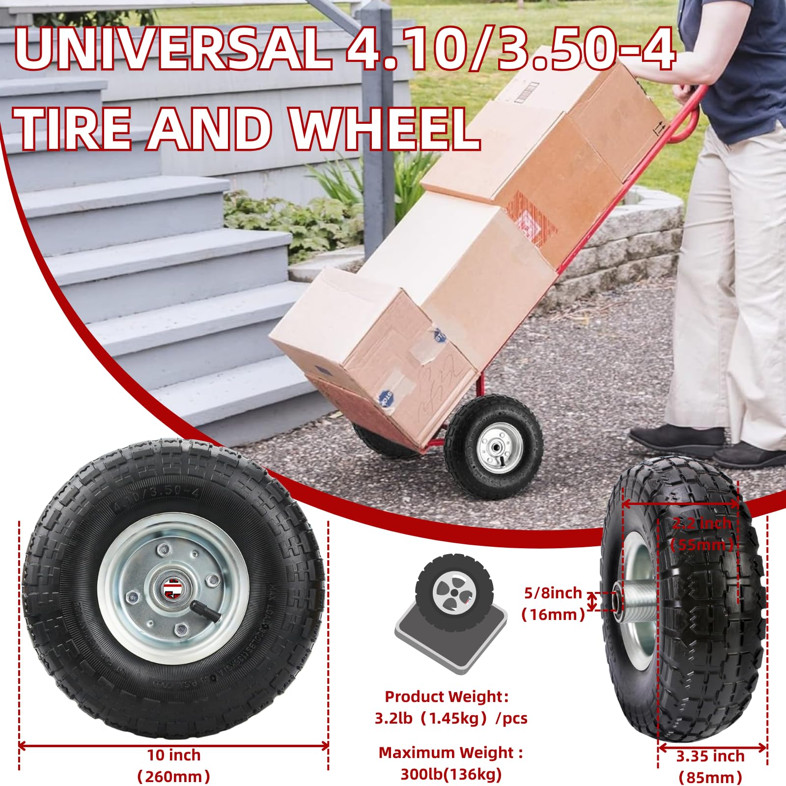 Pneumatici di ricambio da 10" e ruota da 4.10/3.50-4", pneumatici da 10 pollici per carrello Gorilla, Dolly, vagone da giardino con foro da 5/8" per l'asse-cuscinetti doppio sigillati (2 pacchetti)