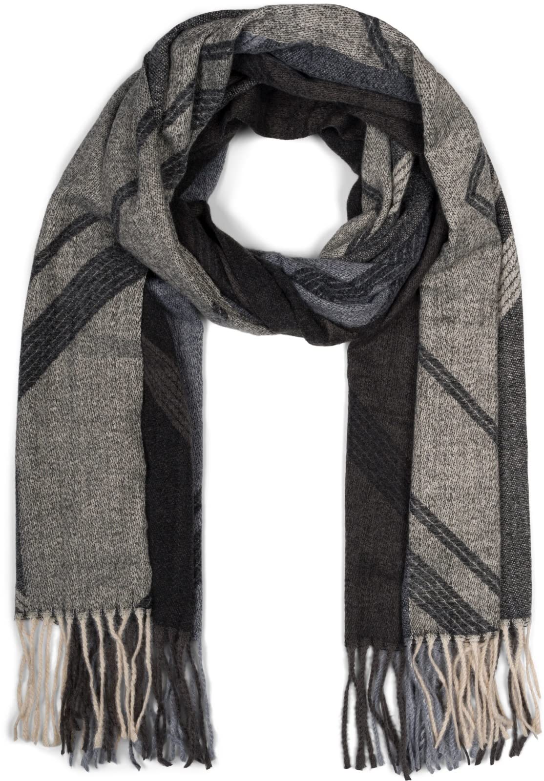 styleBREAKER Ladies Woven Scarf with Geometric Pattern and Fringes, Warm Winter Stole multicoloured 01017150, Colour:Black-Grey
