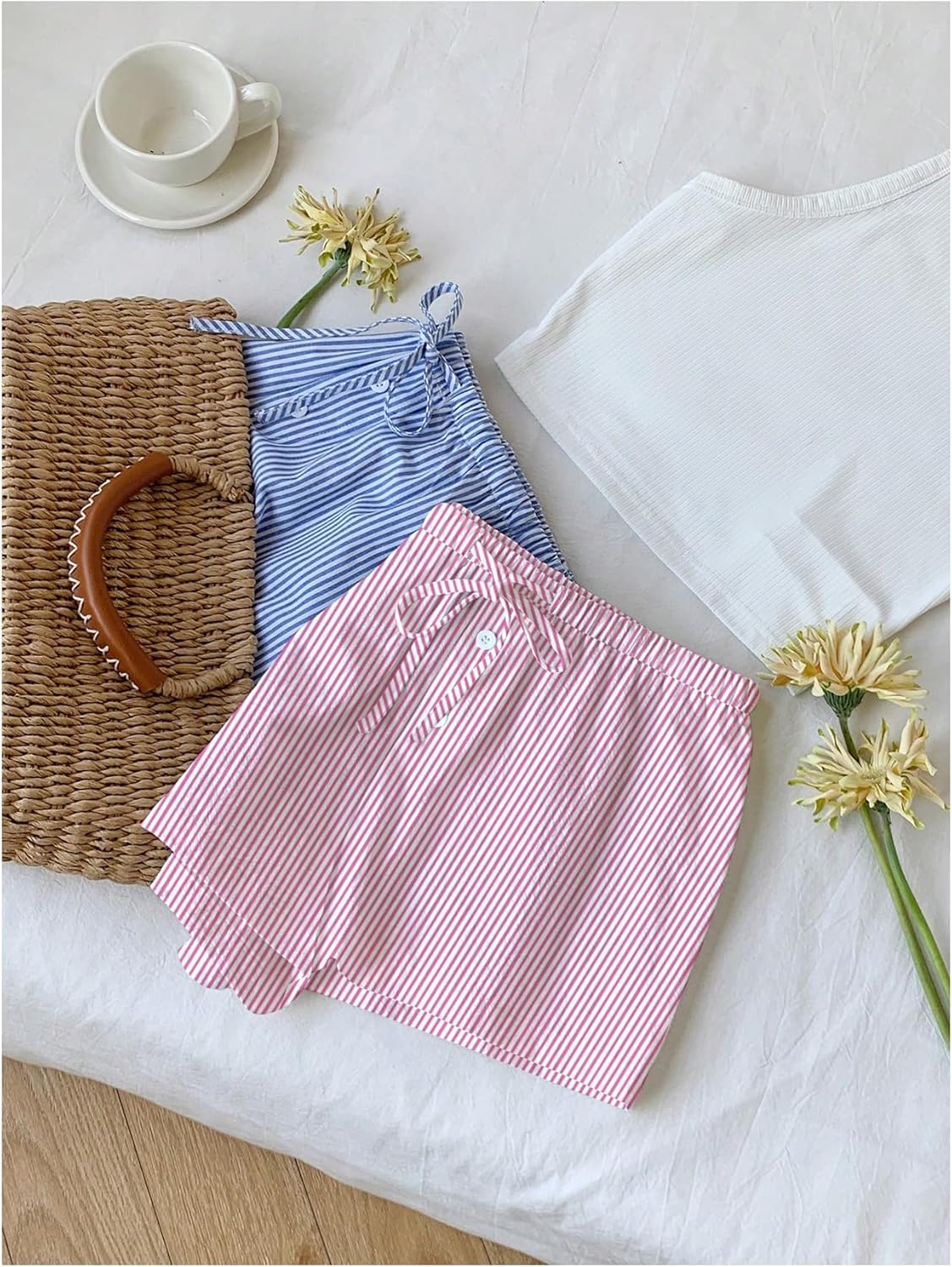 Women's 2 Packs Striped Linen Mini Shorts Drawstring Waist Button Front Lounge Shorts - Image 3