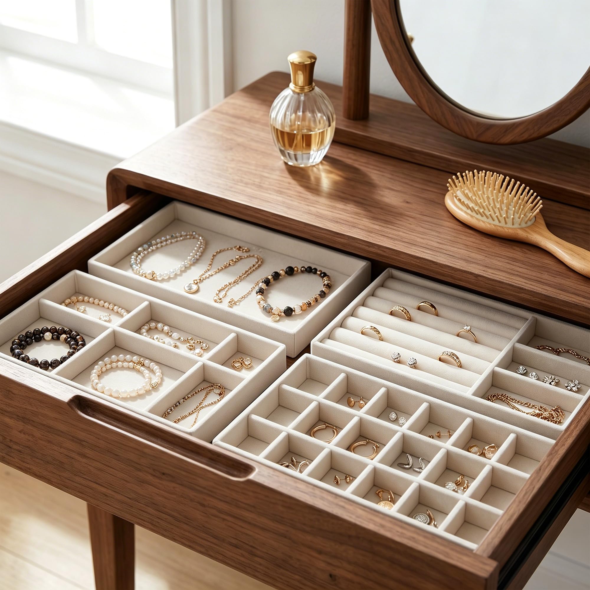 12 Stück Schmucktablett, Stapelbar Schmuck Organizer Schublade, Samt Schmuckaufbewahrung Einsatz für Halsketten Armbänder Ohrringe, Beige, 21,3 x 12,4 x 2,4 cm