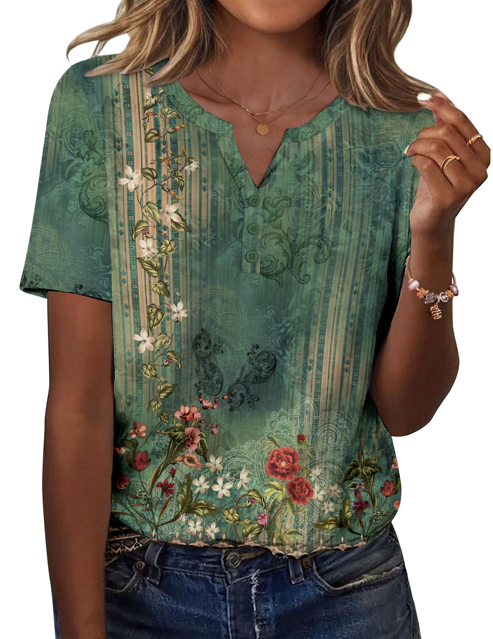 Zeagoo Damen T Shirt Sommer V-Ausschnitt Kurzarm Oberteile Basic Tunika Shirts Casual Lockere Tops Elegant Bluse Top mit Knöpfe Gelbgrün XXL