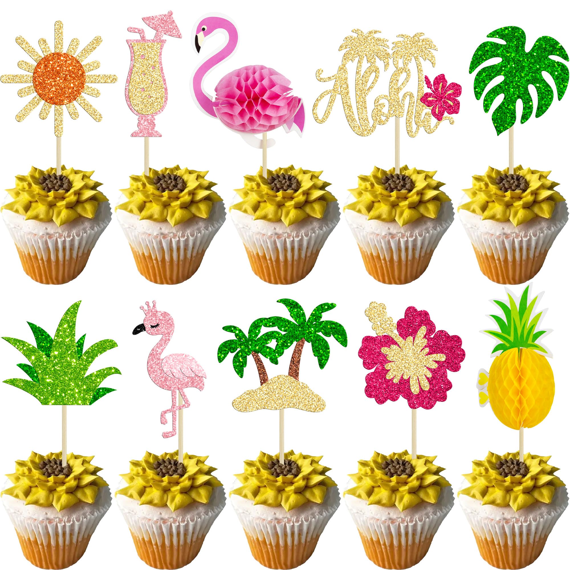 Gyufise 32Pcs Tropical Cupcake Toppers Glitter Luau Cake Topper Aloha Cupcake Picks Pineapple Flamingo Cupcake Decorations for Hawaiian Theme Baby Shower Birthday Party Supplies Pink Yellow Green — image 1