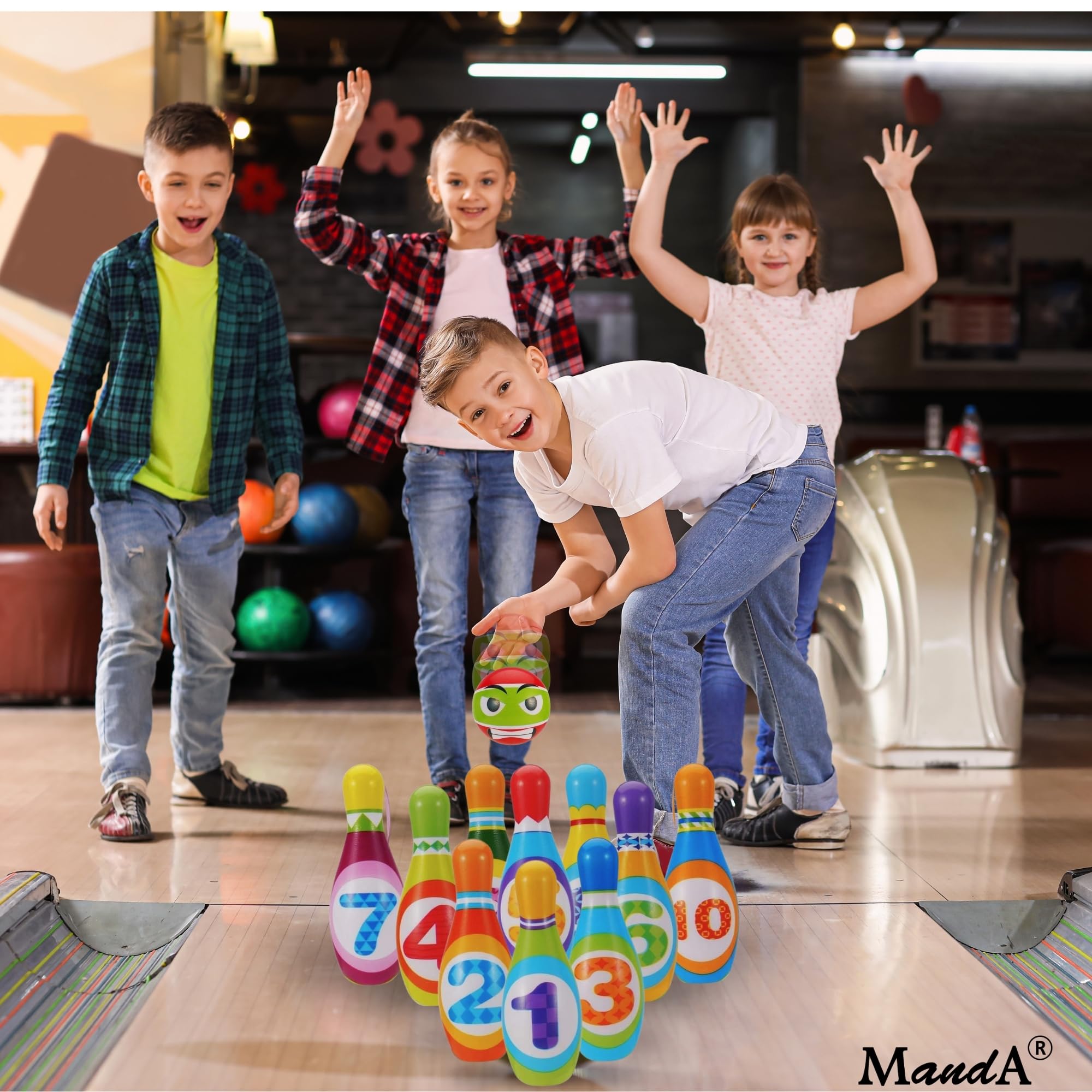 Bowling per Bambini Montessori in Gomma Piuma Grande - Set da 10 Birilli + 2 Palle con Borsa - Gioco Educativo e Sicuro per Bambini 2-7 Anni - Giocattolo da Interno ed Esterno - Idea Regalo Perfetta