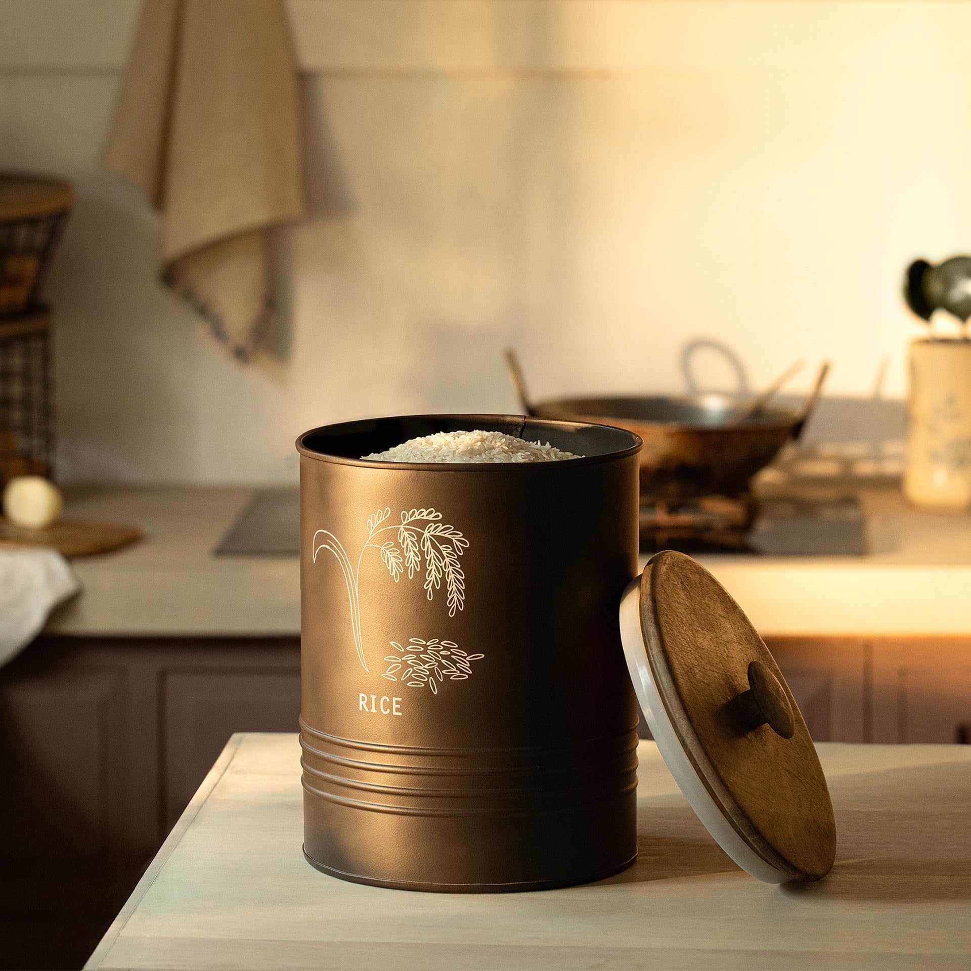 Ellementry Charcoal Brown Rice Storage Barrel with Wooden Lid