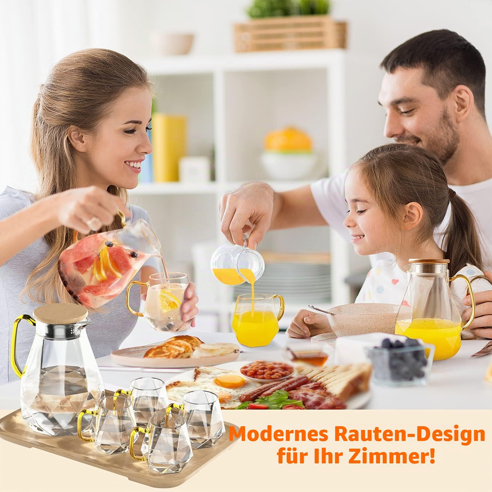 DUJUST Glaskaraffe mit Deckel 2 Liter, mit 4 Tassen, 1 Tablett, Wasserkaraffe im Modernen Diamant Design, Dekoration für das Wohnzimmer, Wasserkrug Hitzebeständig Glaskrug für Eistee/Milch/Kaffee