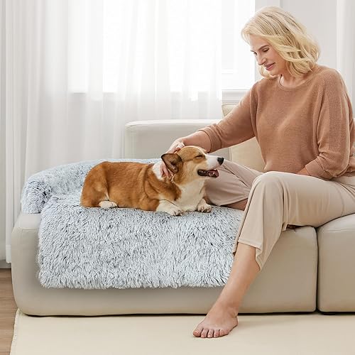 Miniatura 7 de Lujoso protector de sofá cama para perros de espuma viscoelástica, funda extraíble de felpa esponjosa para perros lavable, sofá cama calmante para