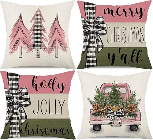 Juego de 4 fundas de almohada decorativas de 18 x 18 pulgadas con diseño de árbol de Navidad con diseño de árbol de Navidad, decoración de casa de