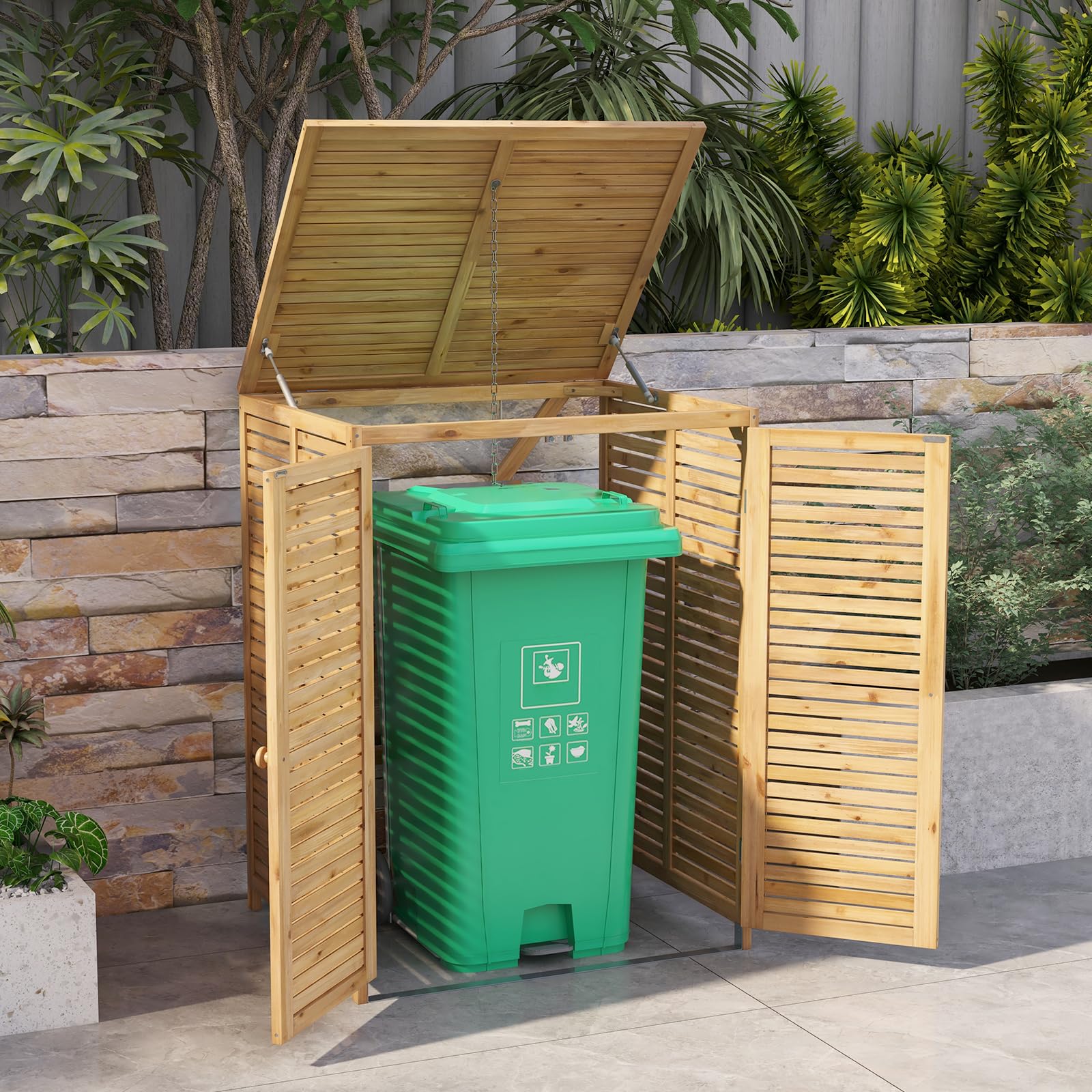 RELAX4LIFE Contenedor de Basura de Madera para 1 Tonelada 120 L, Revestimiento de Contenedores de Basura 86 x 70 x 114 cm, Casa de Cubos de Basura con Tapa y Puertas Dobles (Natural)