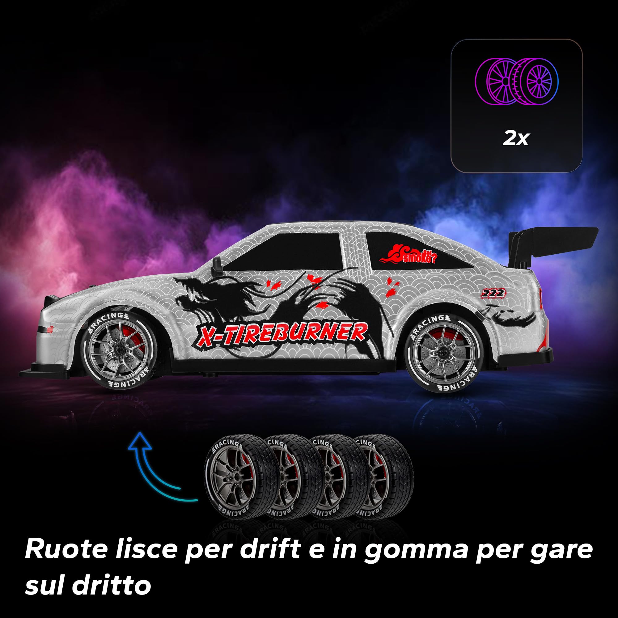 Overmax X-TIREBURNER Macchina Radiocomandata RC per Drift, Macchina Telecomandata per Bambini 8+, 1:16, 20 km/h Portata fino a 80 m, 4WD, 2 Batterie 500 mAh Set di Ruote e Ostacoli Scocca Accessoria