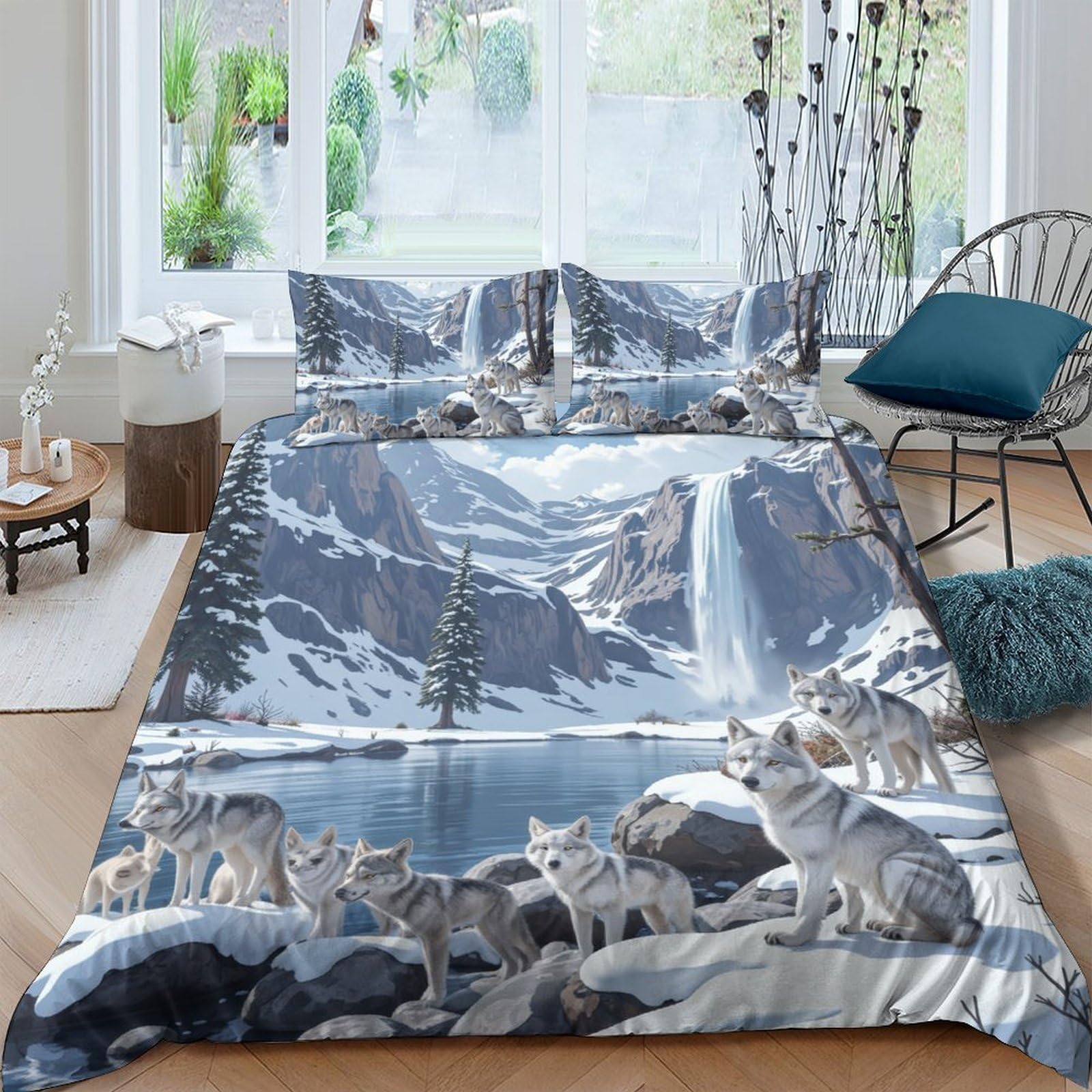 Ctjqhvkz Style-1 3D Printed Waterfall Wolf Fitted Sheet Microfiber Soft Grey Mountain Lake Mattress Cover Bedroom Decor Single（135X200cm）