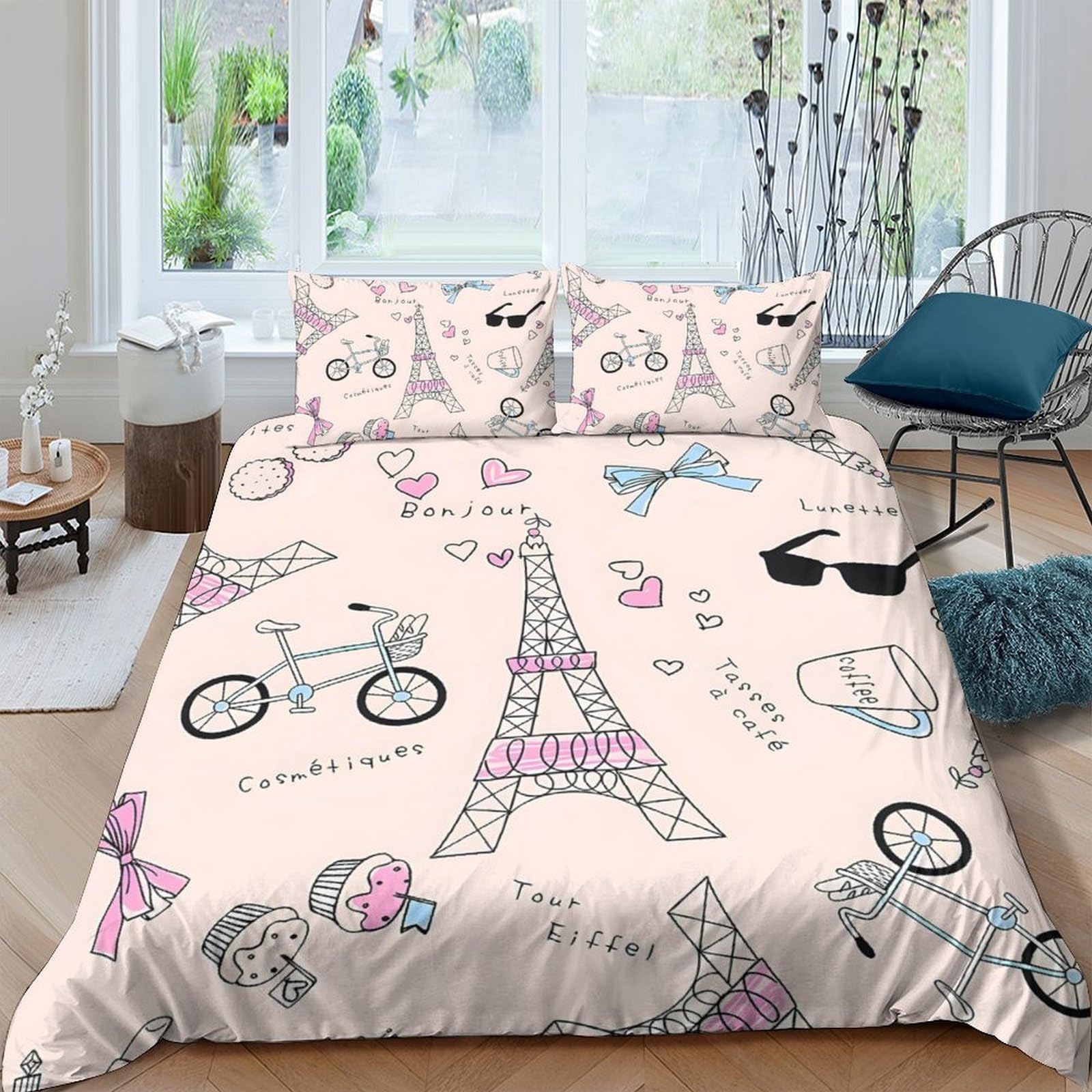 Ctjqhvkz Style-1 3D Printed Paris Eiffel Tower Fitted Sheet Microfiber Pink Bicycle Sunglasses Mattress Cover For Bedroom Dorm Decor Single（135X200cm）