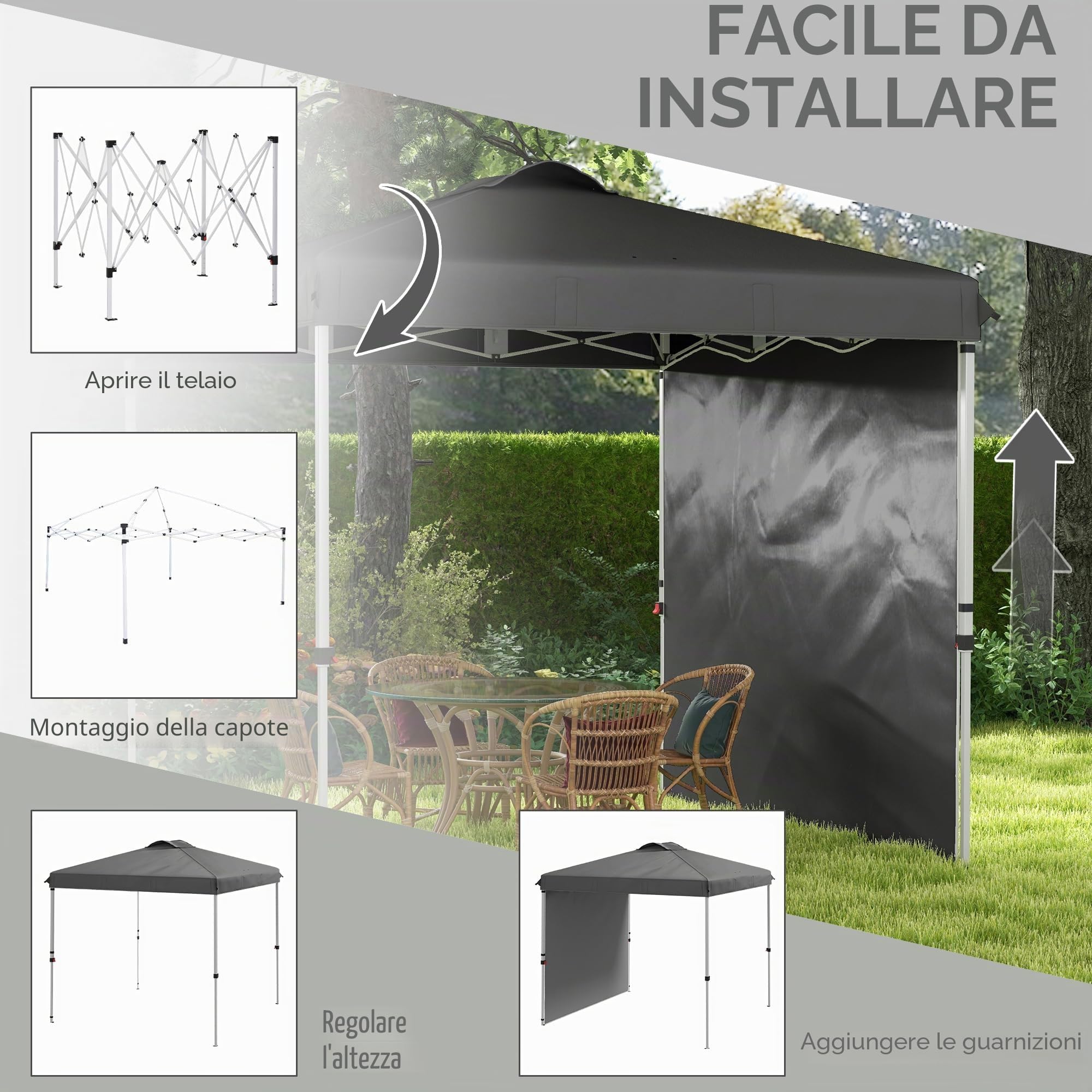 Outsunny Tenda pieghevole 2,5x2,5 m Gazebo da giardino con 1 parete laterale regolabile in altezza in 3 livelli Anti-UV impermeabile e sacchetto di sabbia Gazebo per campeggio all'aperto feste Grigio