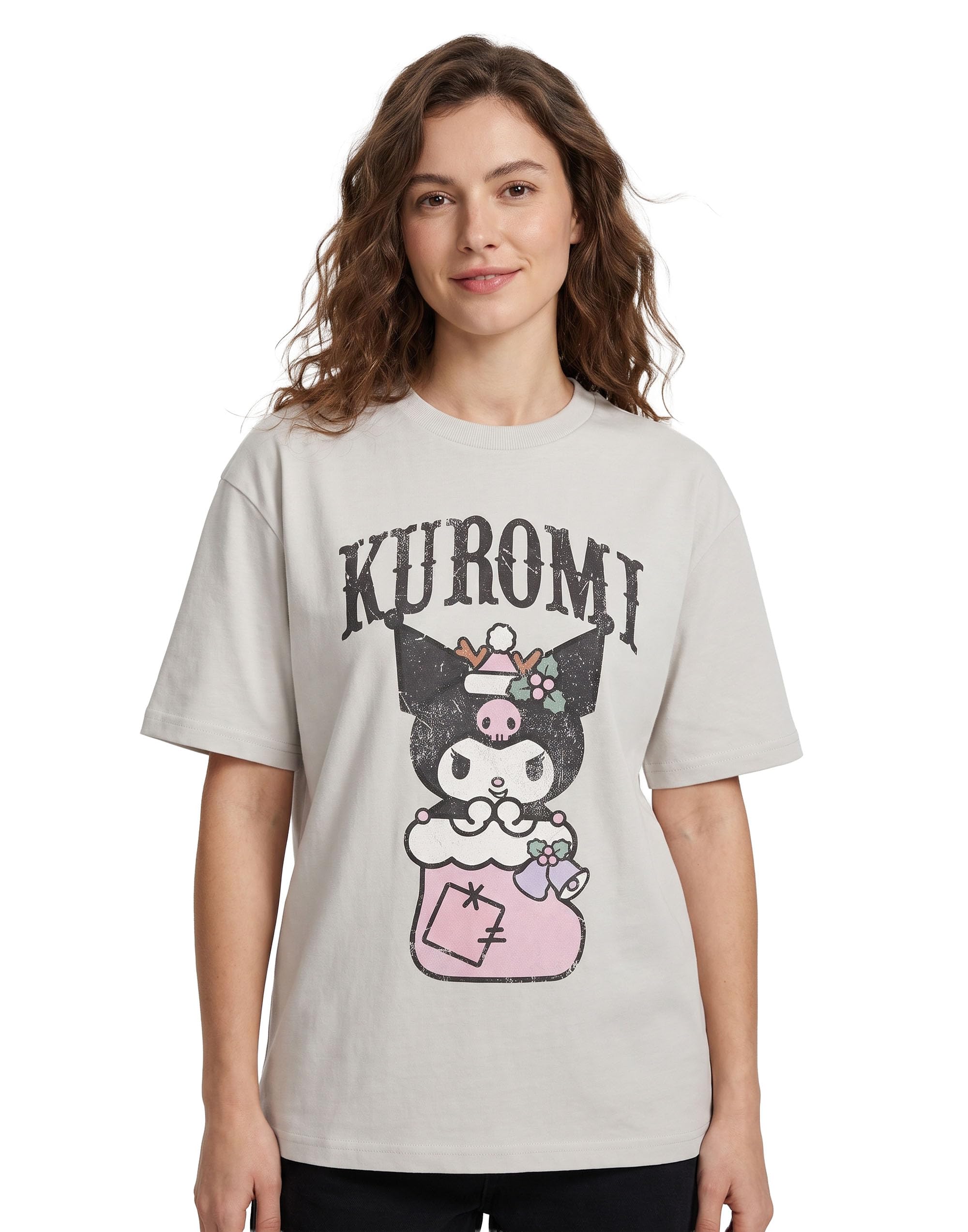 Hello Kitty Women's Light Grey Kuromi Unisex Adults T-Shirt | Short Sleeve Crew Neck Graphic Tee For Casual Wear | Cartoon Print Top Merch