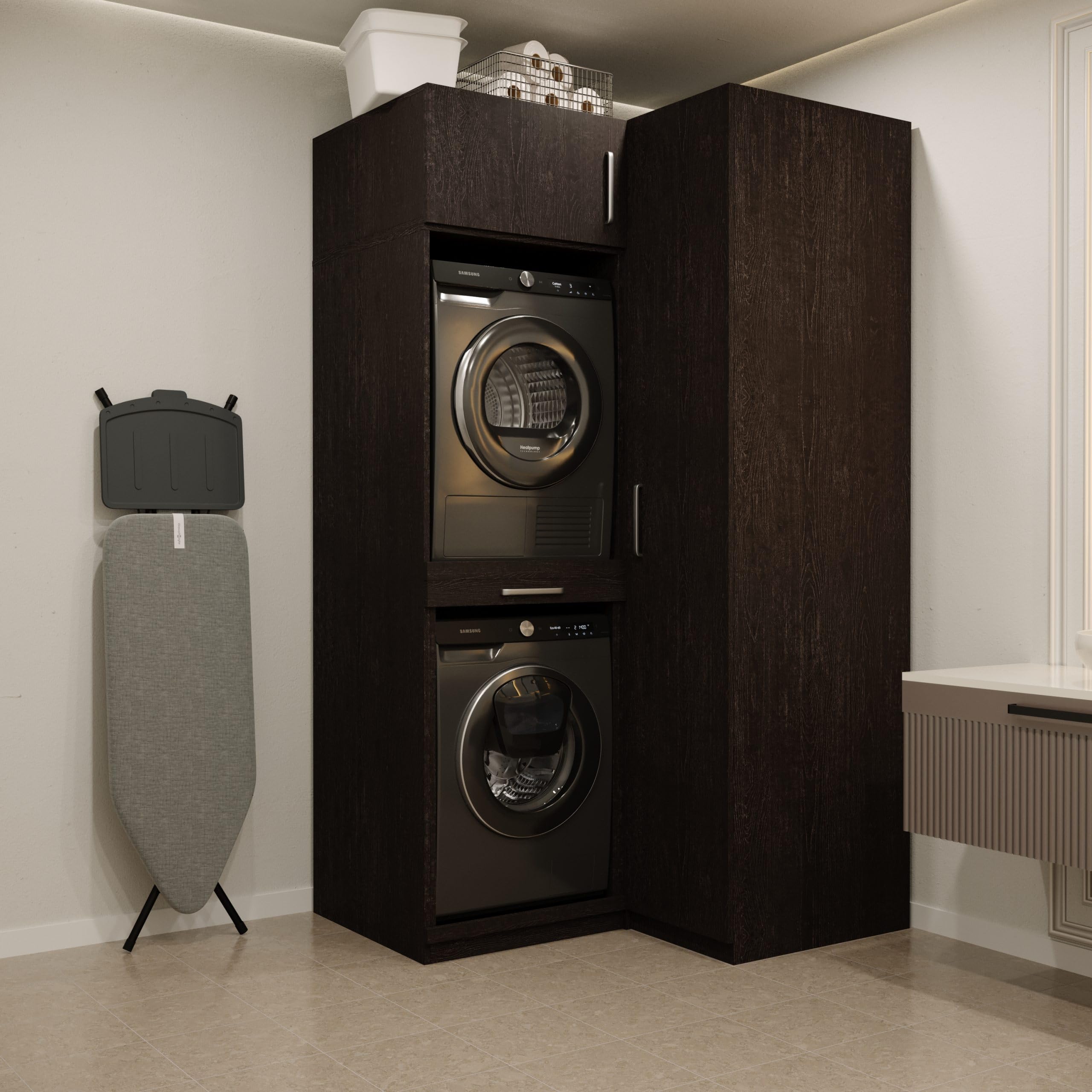 Lavadora Gabinete Madrid - Lavadora elevadora - Conversión a máquina - 700(D)*1365(B)*2350(H) mm - Negro - Diseño elegante, que ahorra espacio y ergonómico - Fácil de colocar
