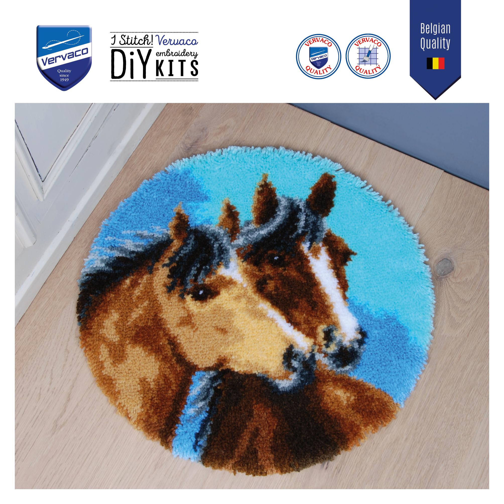 VERVACO Kit Tapis Point Noué Á Faire 2 CHEVAUX Broderie Debutant DIY Latch Hook Kit Complet Decoration Maison Manuelle Loisir Créatif ca. 55 x 55 cm Embroidery