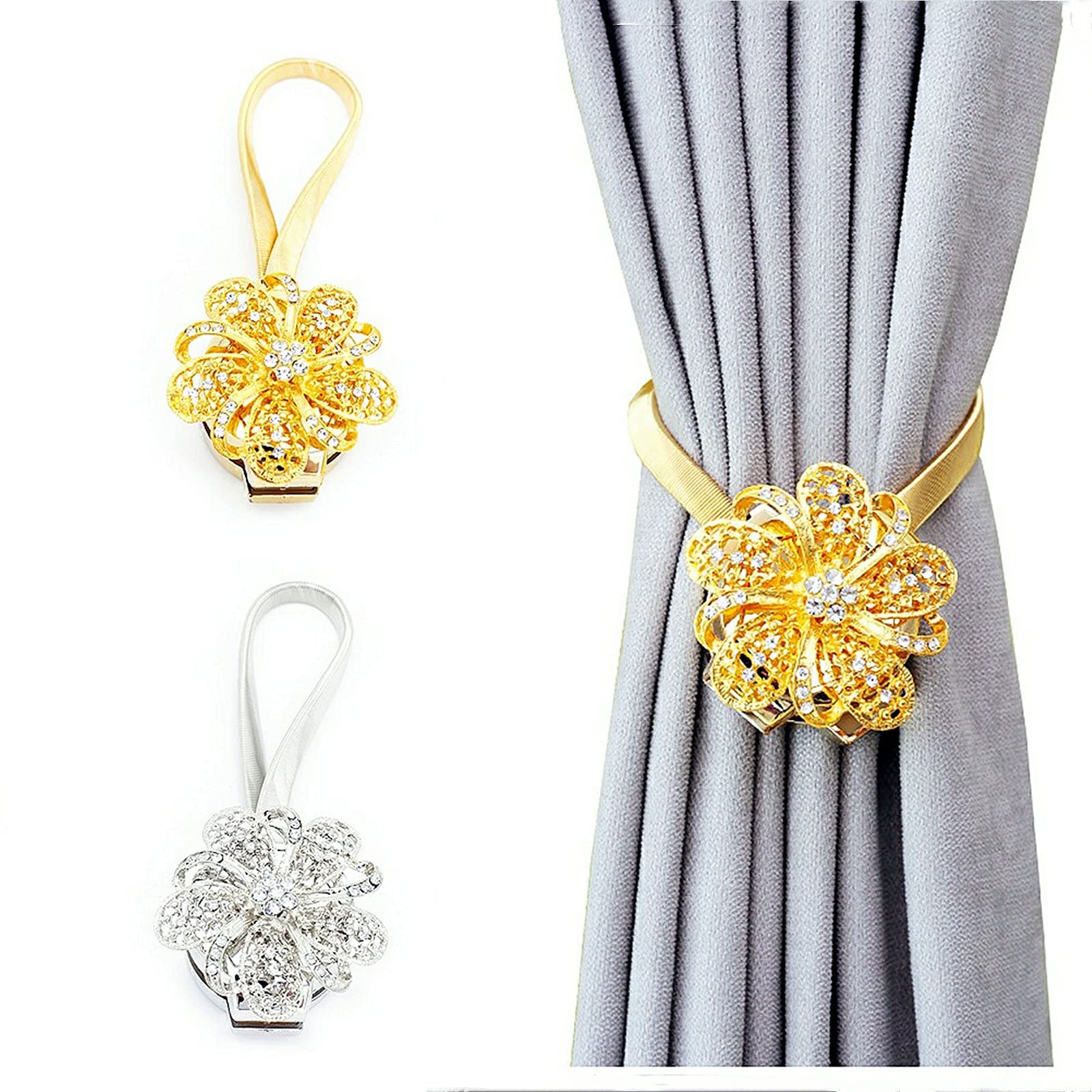 2 Pack ZRFAMILY Magnetic Curtain Tiebacks, Shower Decorative Flowers Drapes Tie Clips ,Drapery Holdbacks Rings for Offices and Home (Gold)