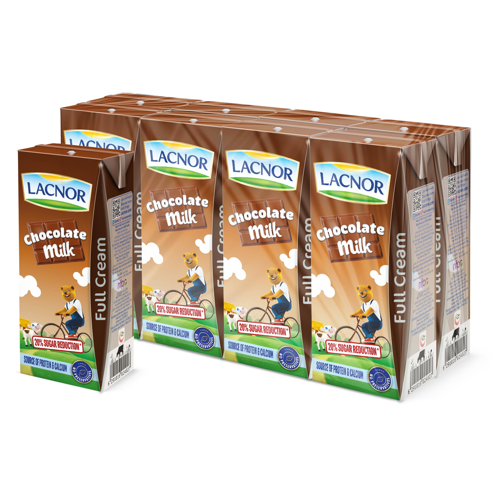 Lacnor Essentials Chocolate Milk, 100% Natural, Rich in Vitamin and Calcium, 28% Reduced Sugar, 180 ML Pack of 8