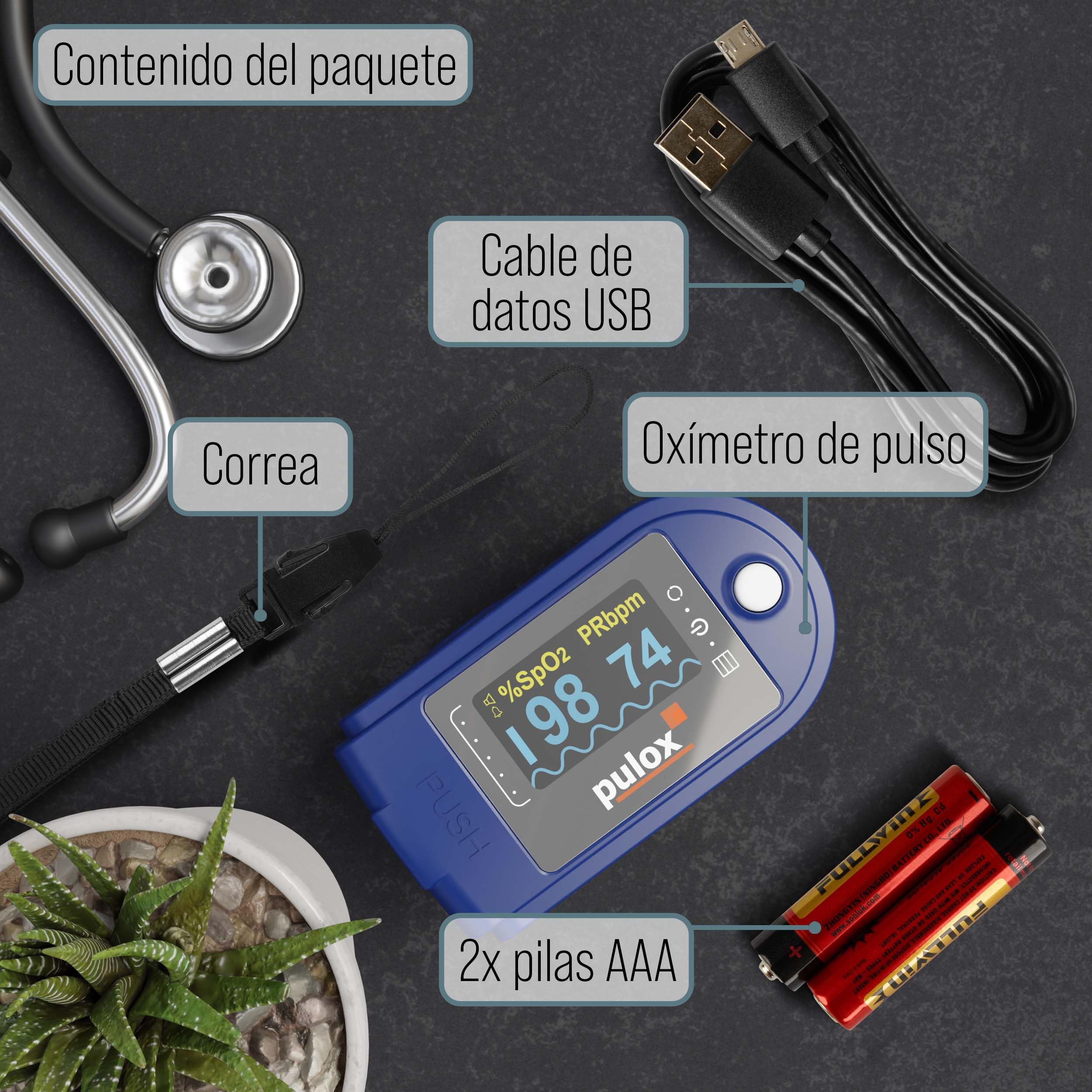 Pulsioxímetro pulox PO-250 con pantalla LCD en color, software y accesorios