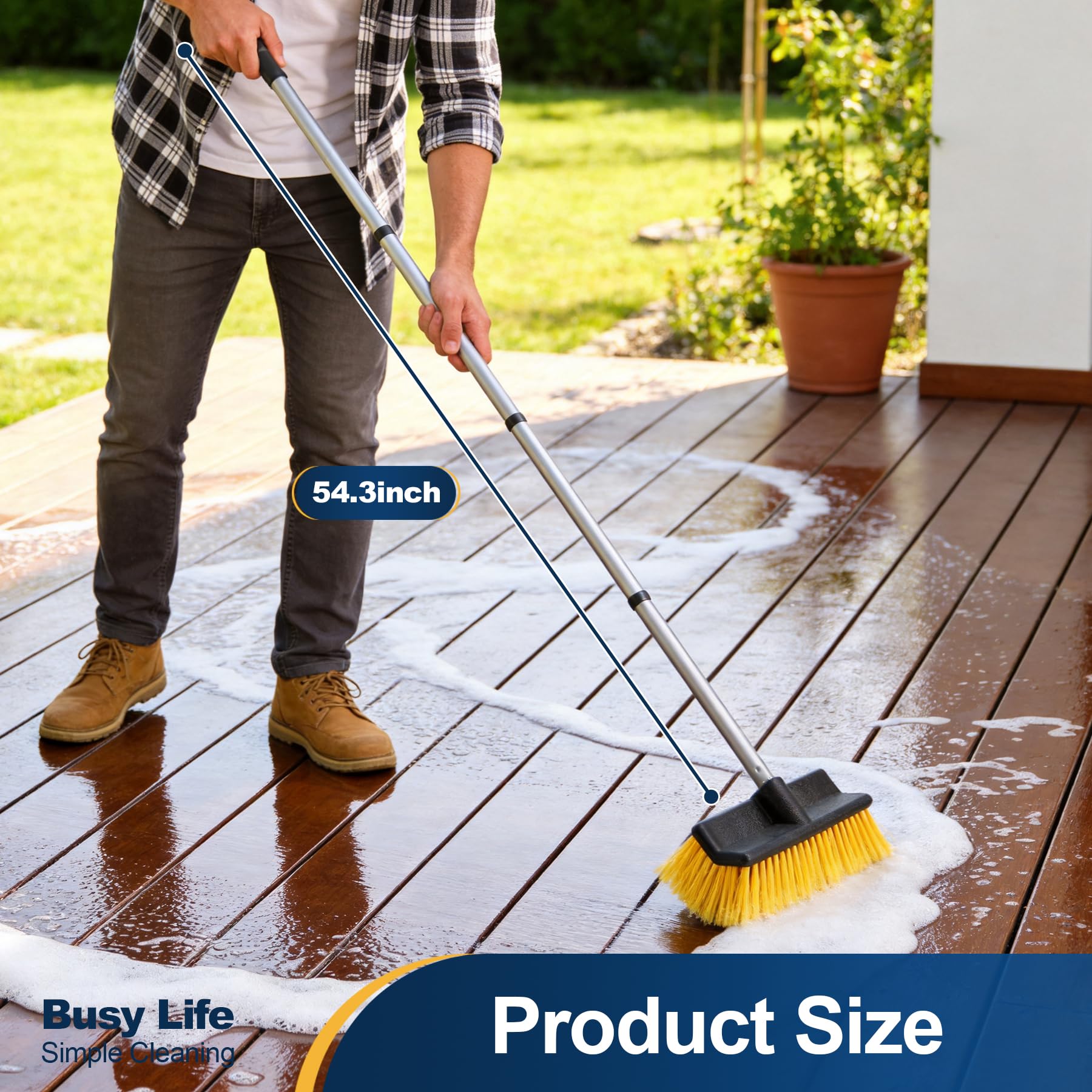 Yocada Spazzola per pavimenti con manico estensibile a 4 sezioni, setole morbide e medie, impugnatura antiscivolo, per esterni, patio, bagno, garage, pulizia del calcestruzzo, 140 cm