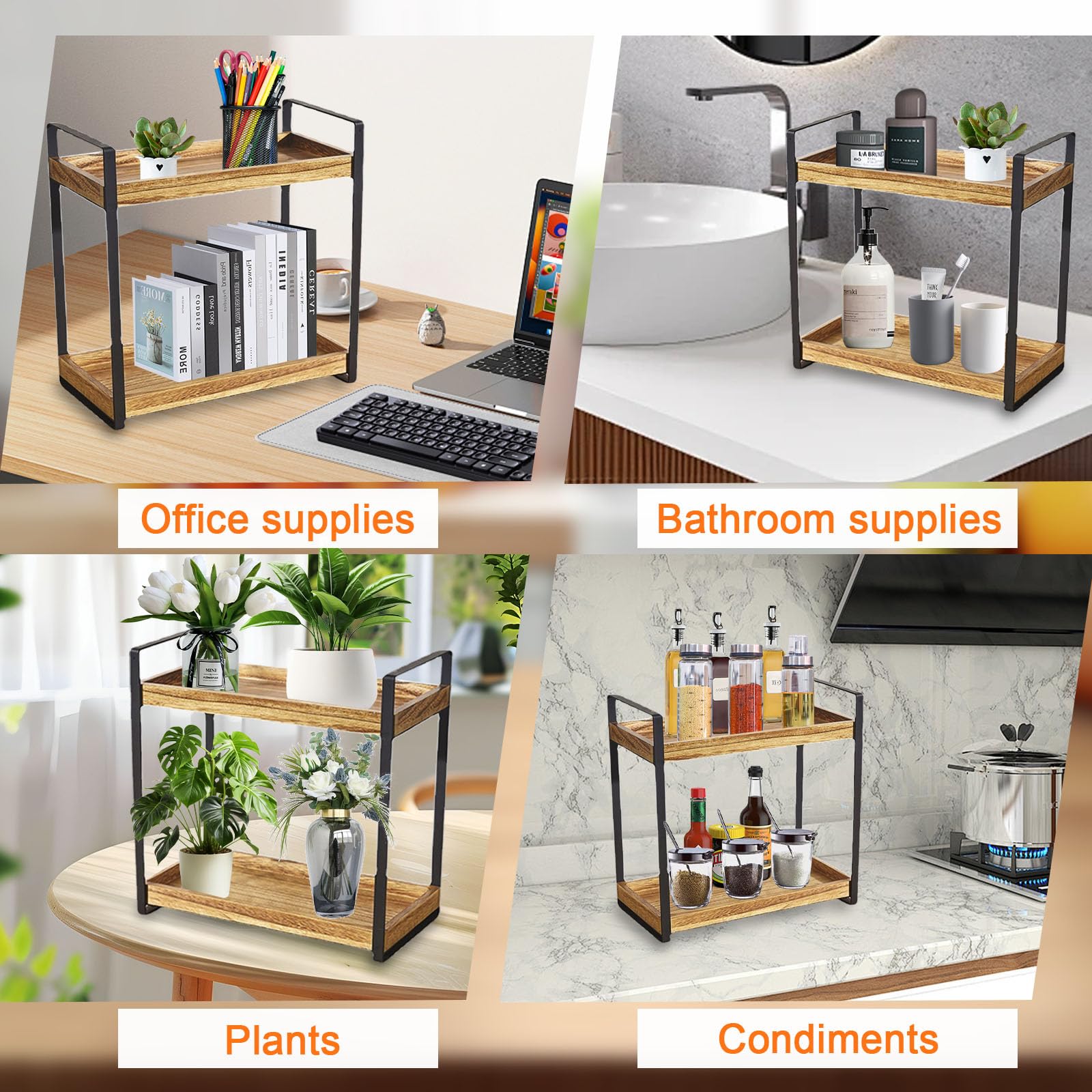 Gzsekken 2 Tier Coffee Bar Accessories Organiser, Wooden Kitchen Counter Shelf, Standing Coffee Station and Organiser - Image 4