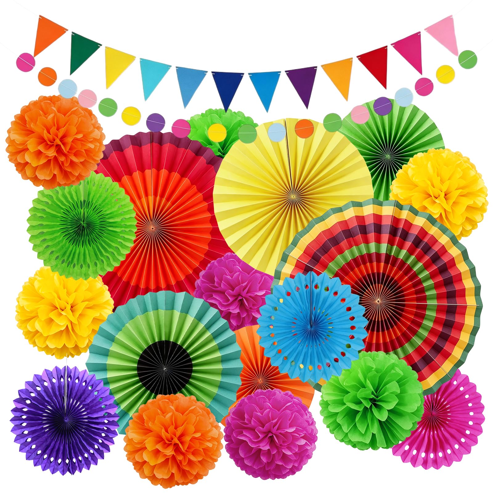 Flintronic 20 Pcs Party Decoration Kit, Multi-Color Pom Poms Flower Papers Fan Triangle Bunting Flags for Birthday Parties Wedding Graduation Carnival