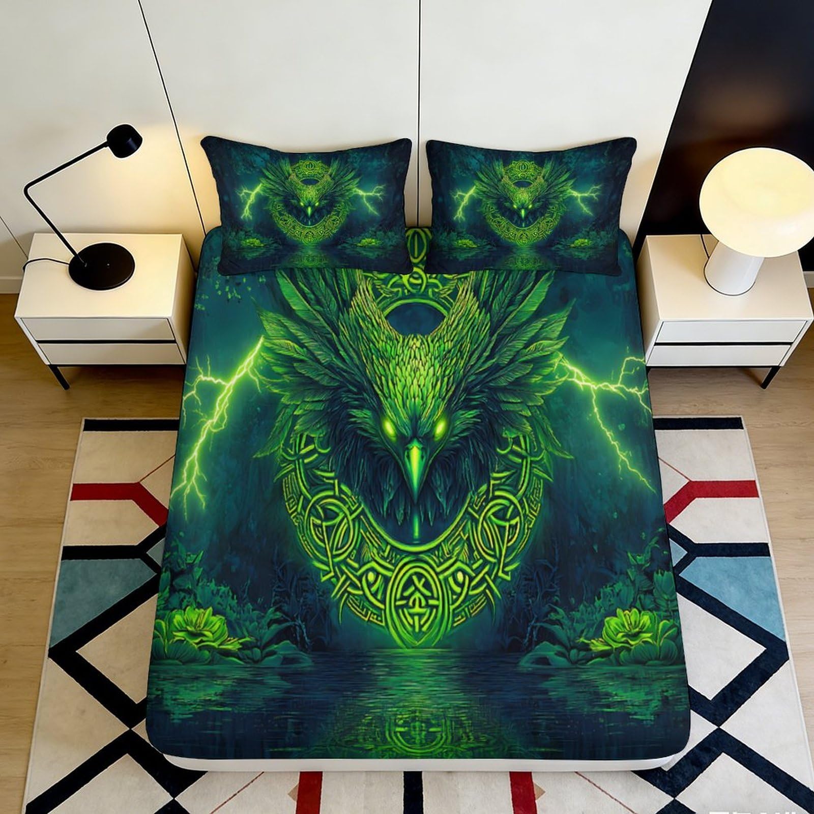 3D Printed Neon Green Owl Fitted Sheet Microfiber Soft Breathable Lightning Bed Sheet for Bedroom Dormitory Guest Room Mattress Protection Decor 200x200x25cm