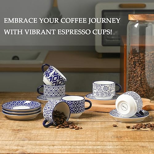 Miniatura 7 de Selamica Tazas de café expreso de cerámica con platillos, tazas demitasse apilables de 2.5 onzas con soporte de metal, mini tazas de espresso para