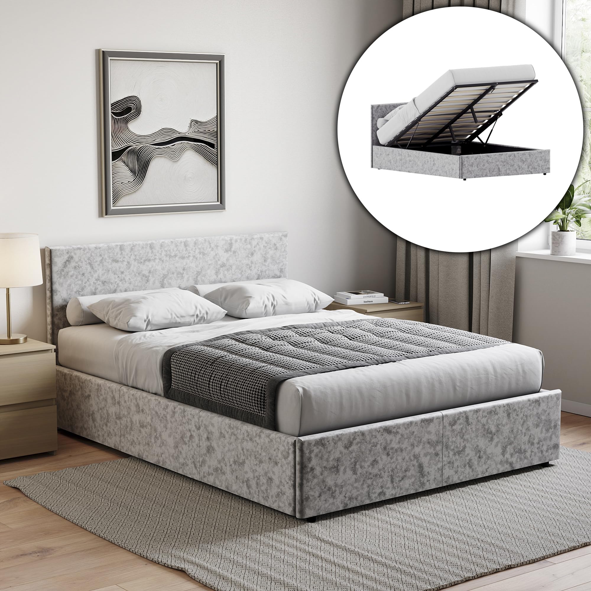 Vida Designs Veronica King Size Ottoman Bed – 5ft Bed Frame with Modern Lift-Up Storage, Upholstered Fabric Headboard, Silver Velvet, Bedroom Furniture (UKFR Certified)