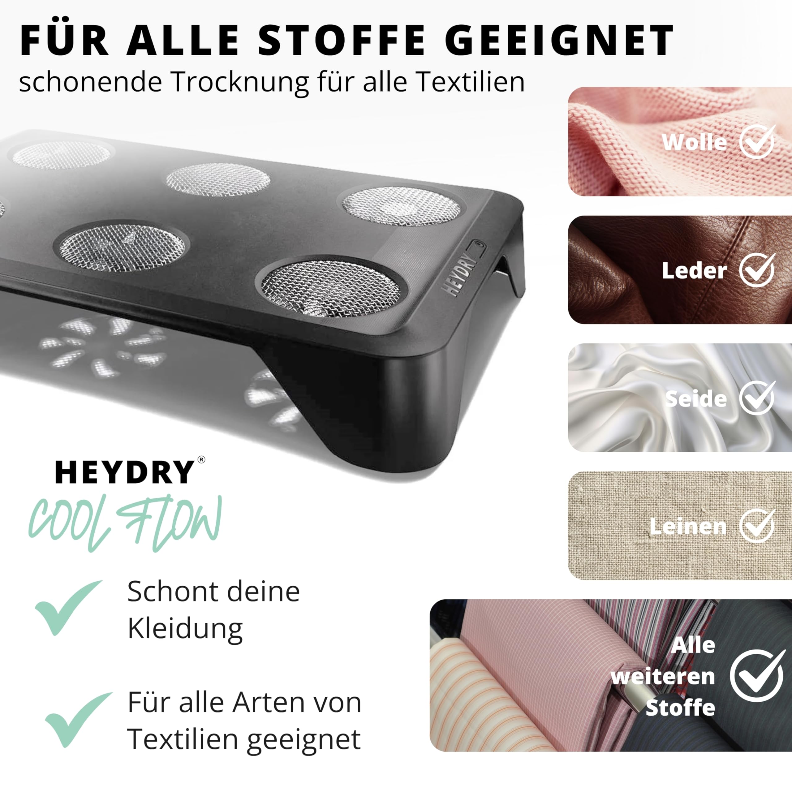HEYDRY® Wäschetrockner für Wäscheständer – energiesparende Alternative zum Trockner, ohne Hitze, leise & kompakt, schnelleres Wäsche trocknen in Innenräumen, wäscheschonend, Made in Germany