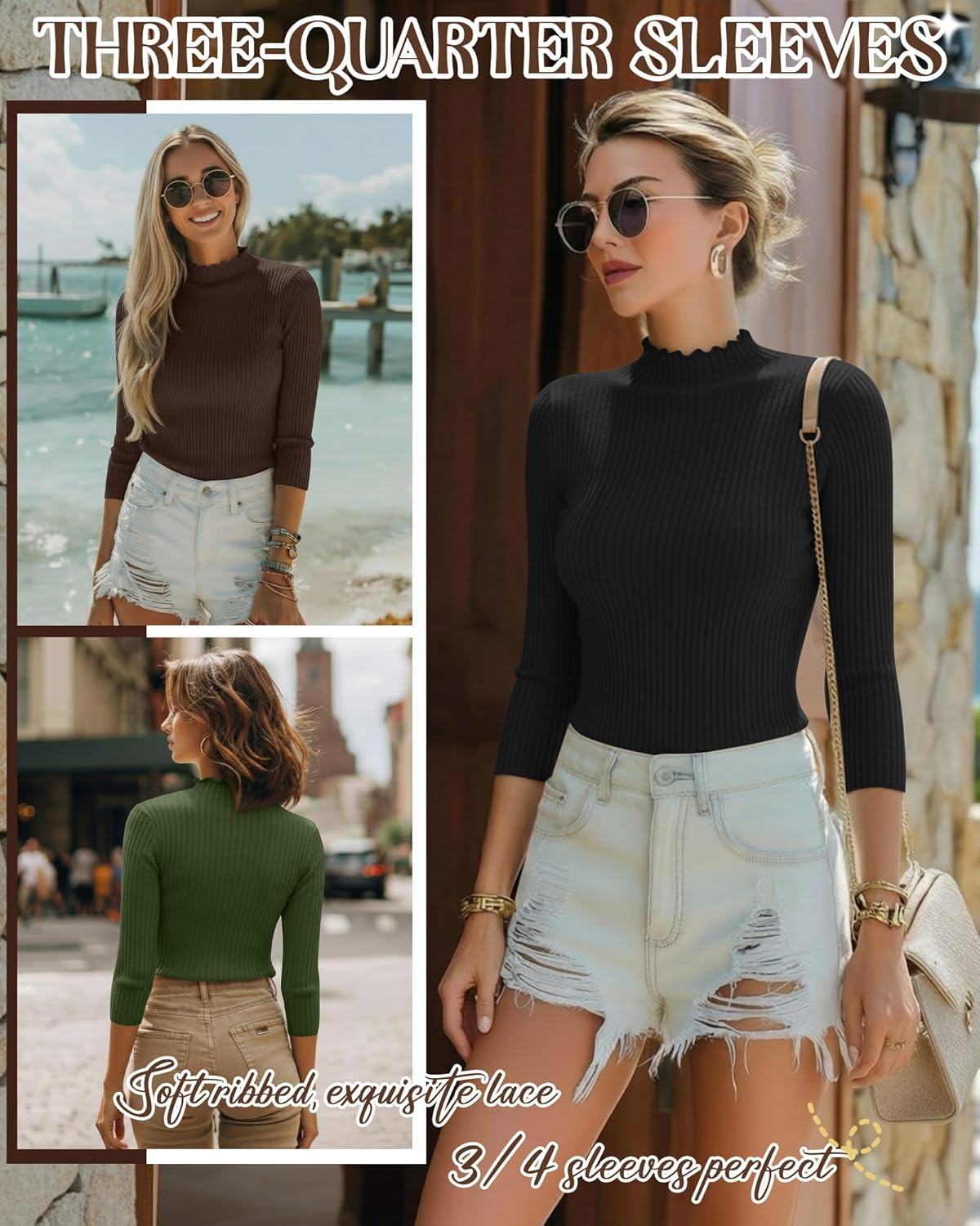 3 Pack Women's Cotton 3/4 Sleeve Mock Turtleneck Tops Lettuce Trim Ribbed Shirts Slim Fit Casual Basic Tees - Image 4