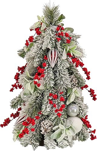 Miniatura 1 de HGTV Home Collection Árbol de Navidad artificial Topiario, puntas de ramas de hoja perenne y cerdas, decorado con racimos de bayas rojas, adornos de