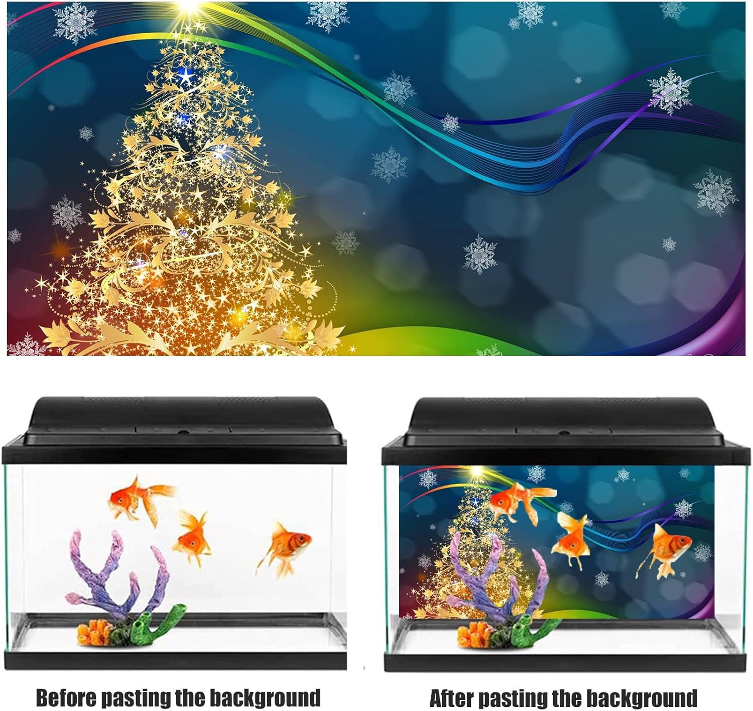 Christmas Aquarium Background Fish Tank Decorations Pictures PVC Self Adhesive Poster Merry Christmas Backdrop Decoration Paper Cling Decals Sticker,122x76cm