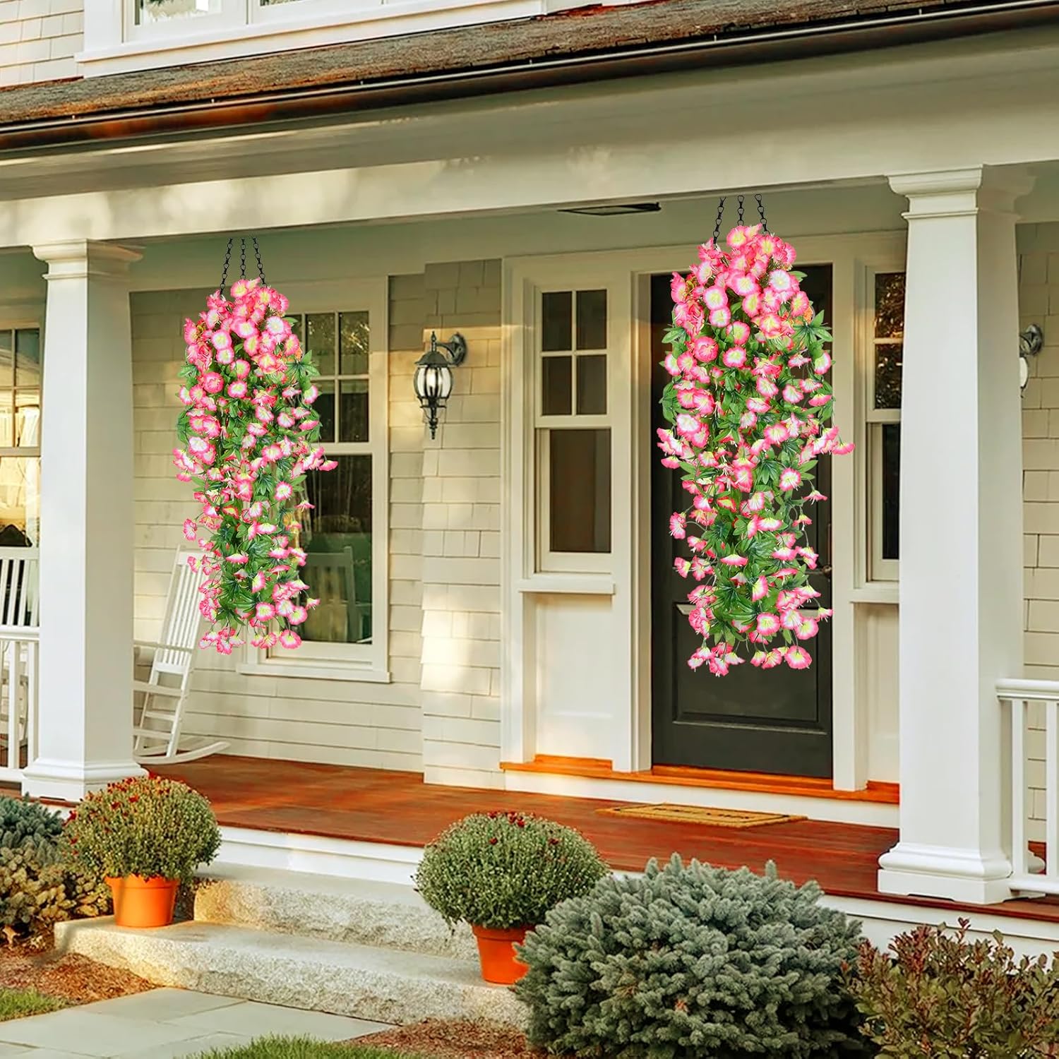 2PCS Artificial Hanging Flowers, UV Resistant Fake Plastic Faux Hanging Plants Morning Glory Vines for Indoor Outdoor Home Room Garden Porch Eave Wedding Wall Décor (Pink)