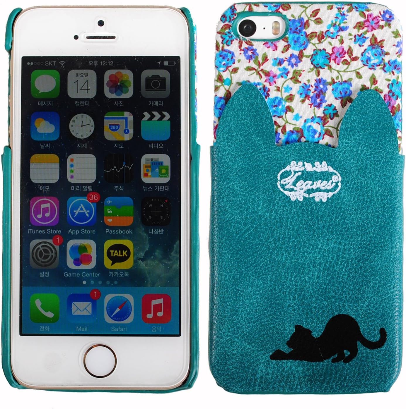 [MintBlue] Cute Cat Ear Shape ip5 PU Leather Flower Layered Back Pocket Rigid Case Cover For Apple iphone 5/5S