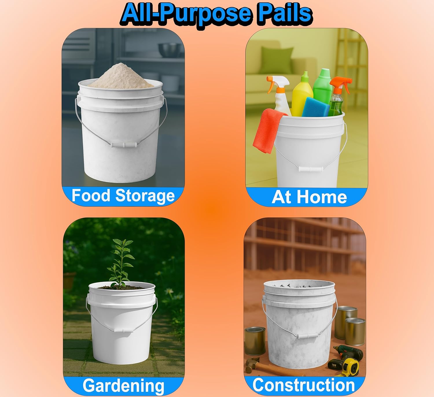 5-Gallon Bucket Only – No Lid Included, Made in USA, Food Grade BPA Free Plastic, Heavy Duty Multi-Use, Metal Handle with Grip, Stackable Storage – White, 1 Pack - Image 6