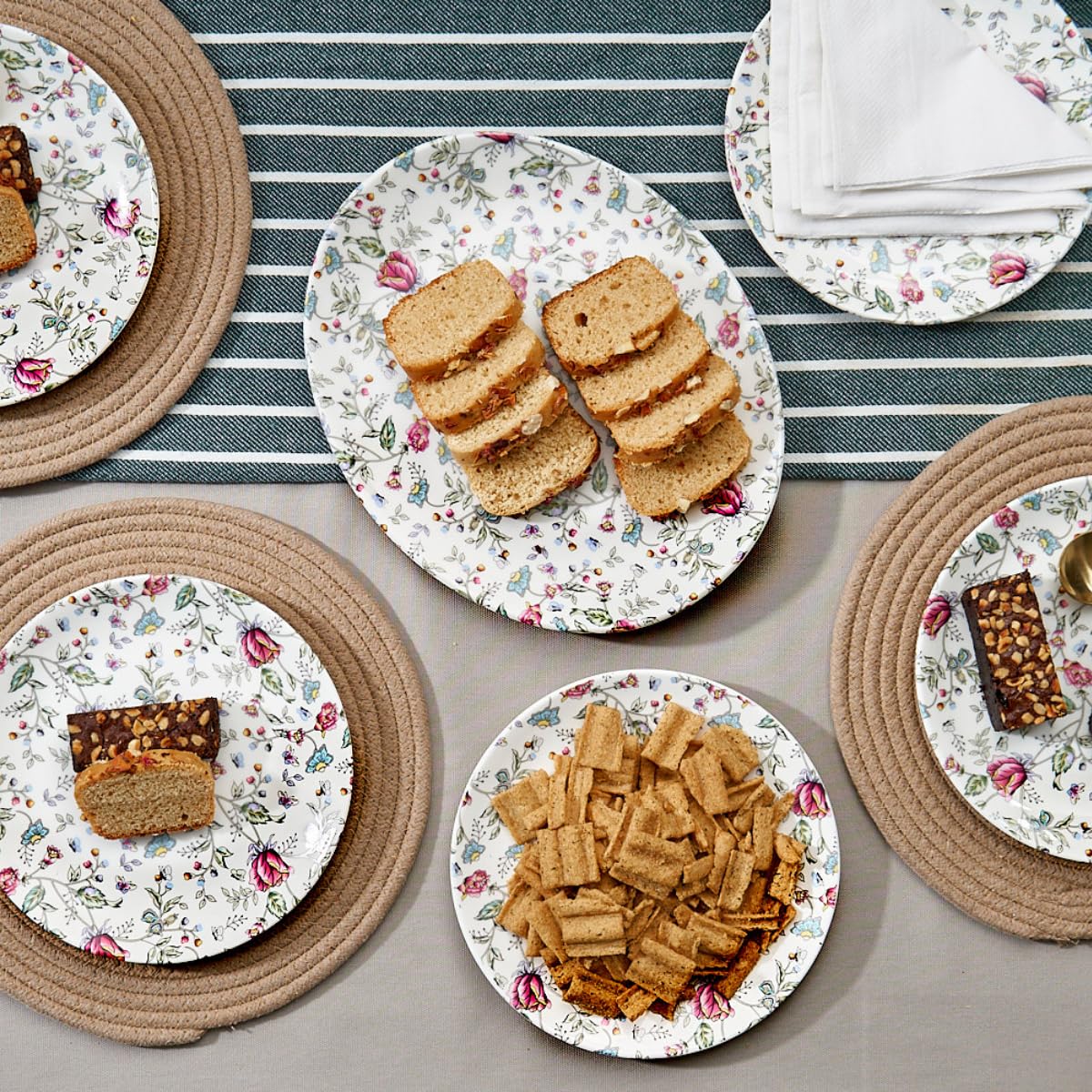 GOLDEN QUEEN'S Everyday Dinner Set - 1 Oval Platter & 6 Snack Plates | Serving 6 | Microwave Safe | Perfect for Dining & Gifting - Pink Shrub-image-1