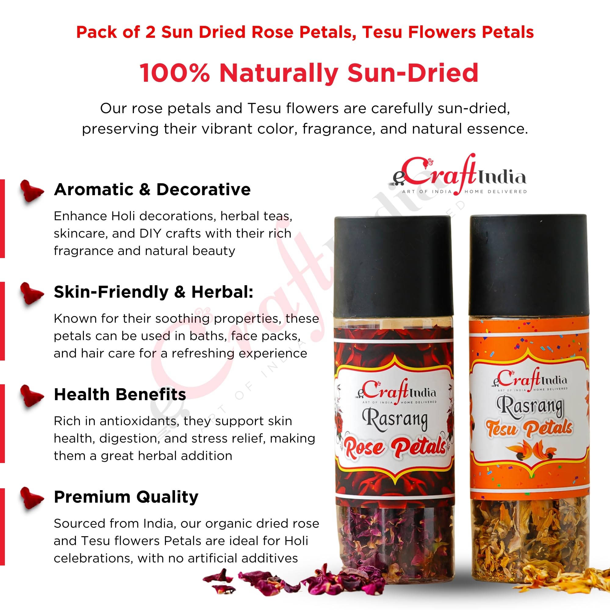 eCraftIndia Sun Dried Rose Petals, Tesu Flowers Petals (Pack of 2) | Butea Monosperma Dhak Palash Petals | Dry Rose Petals | Gulab Patti | Rose Petals Dried for Holi | Holi Decoration Items 1