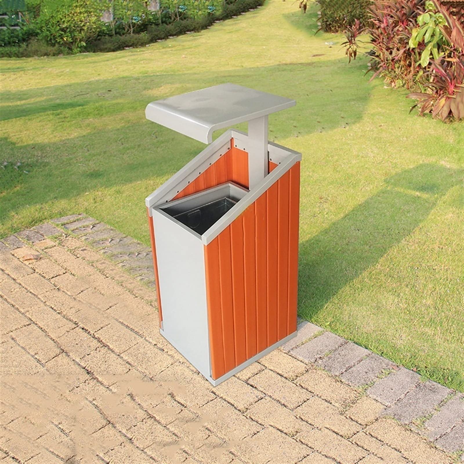 Komercyjny kosz na śmieci Zewnętrzny kosz do recyklingu z górną pokrywą, duży na śmieci komercyjne, 2 plastikowe panele drewniane i wyjmowane wiadro wewnętrzne, nowoczesny metalowy pojemnik