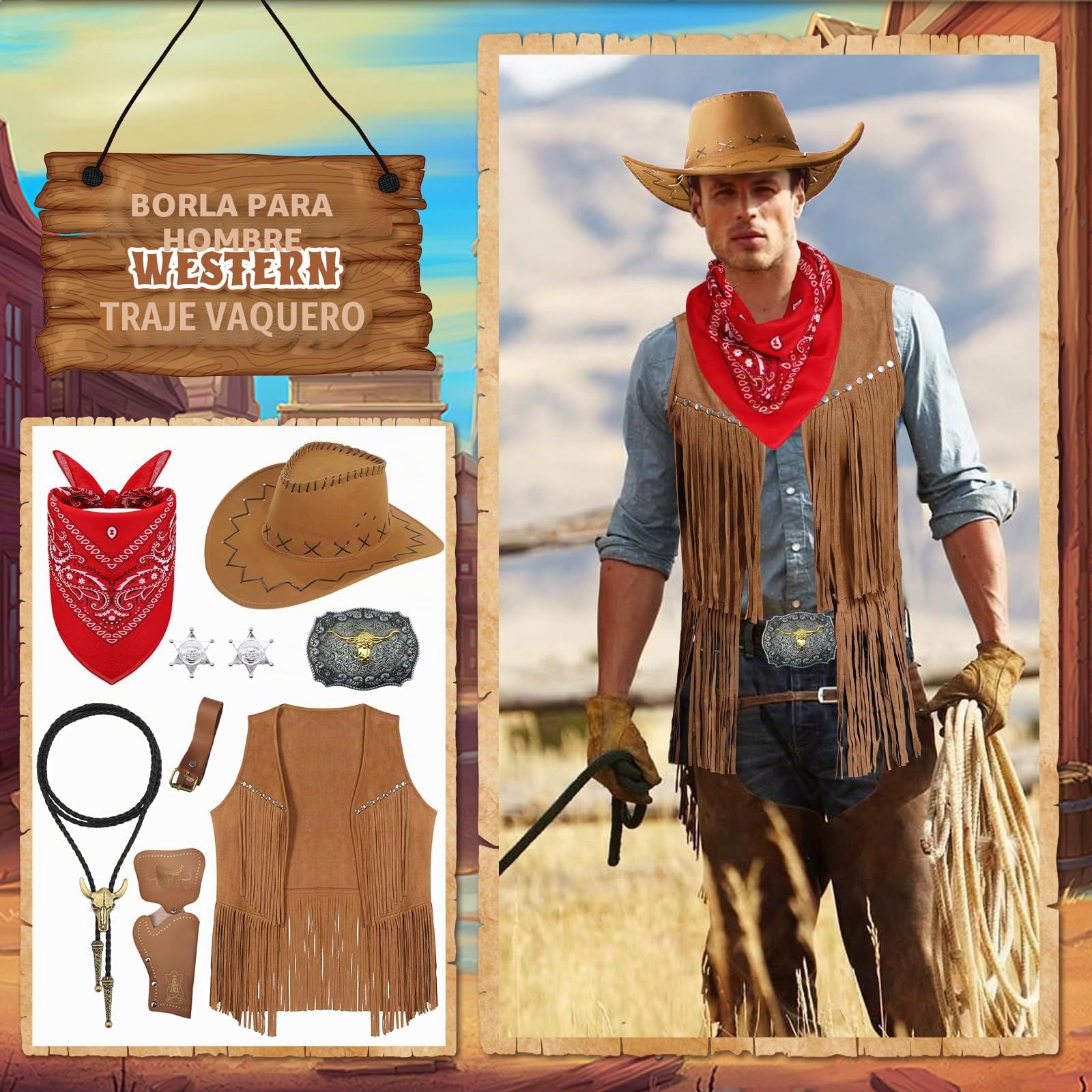 Juego de accesorios para disfraz de vaquero occidental, juego de ropa para cowboy occidental, kit de ropa con sombrero, chaleco de borlas, bandana, cinturón, hebilla de bolo, corbata, collar, insignia
